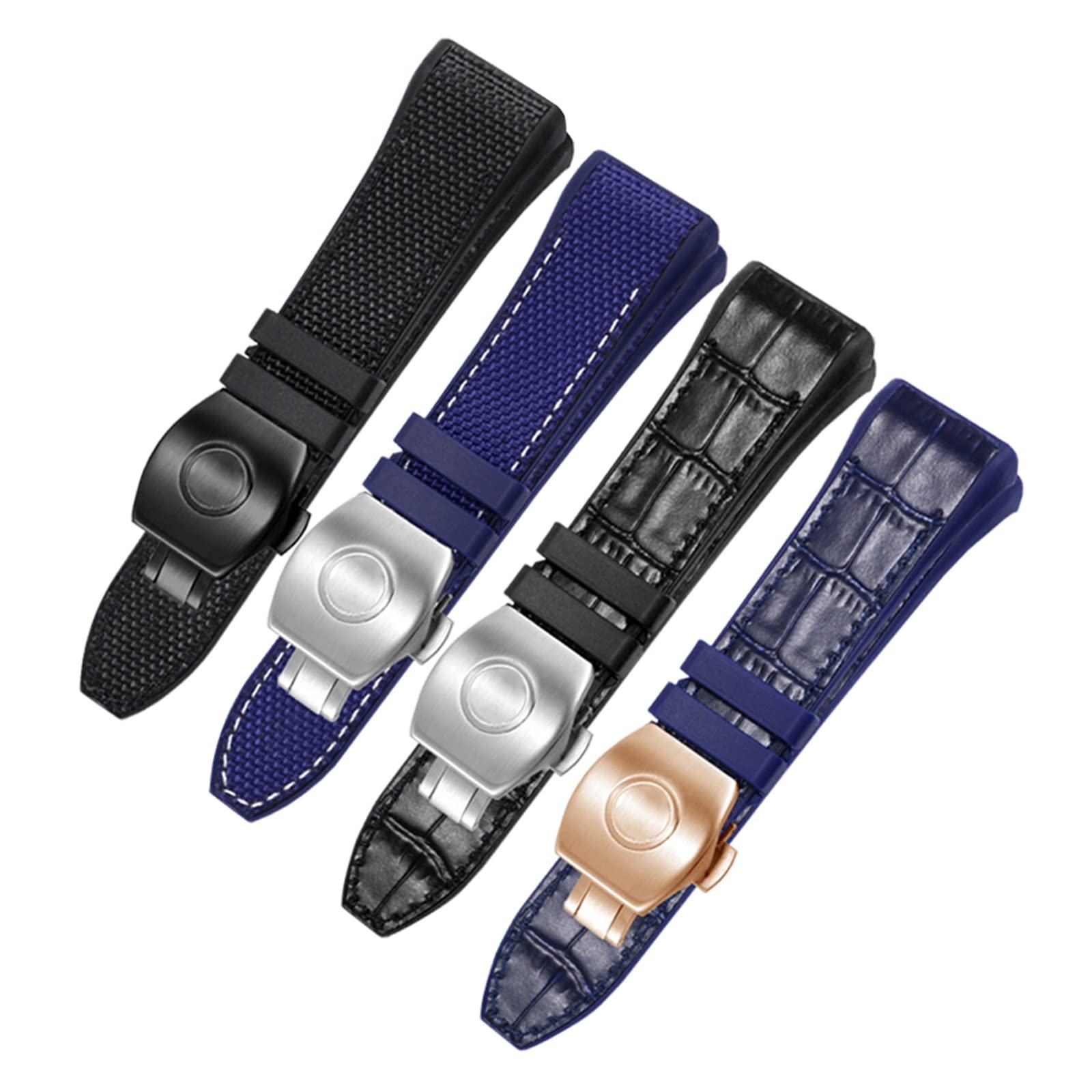 BIK Correa de reloj de silicona de cuero genuino de nailon de 28 mm, correa de reloj con hebilla plegable azul negra para Franck Muller V45 Series correas de reloj (azul-negro)