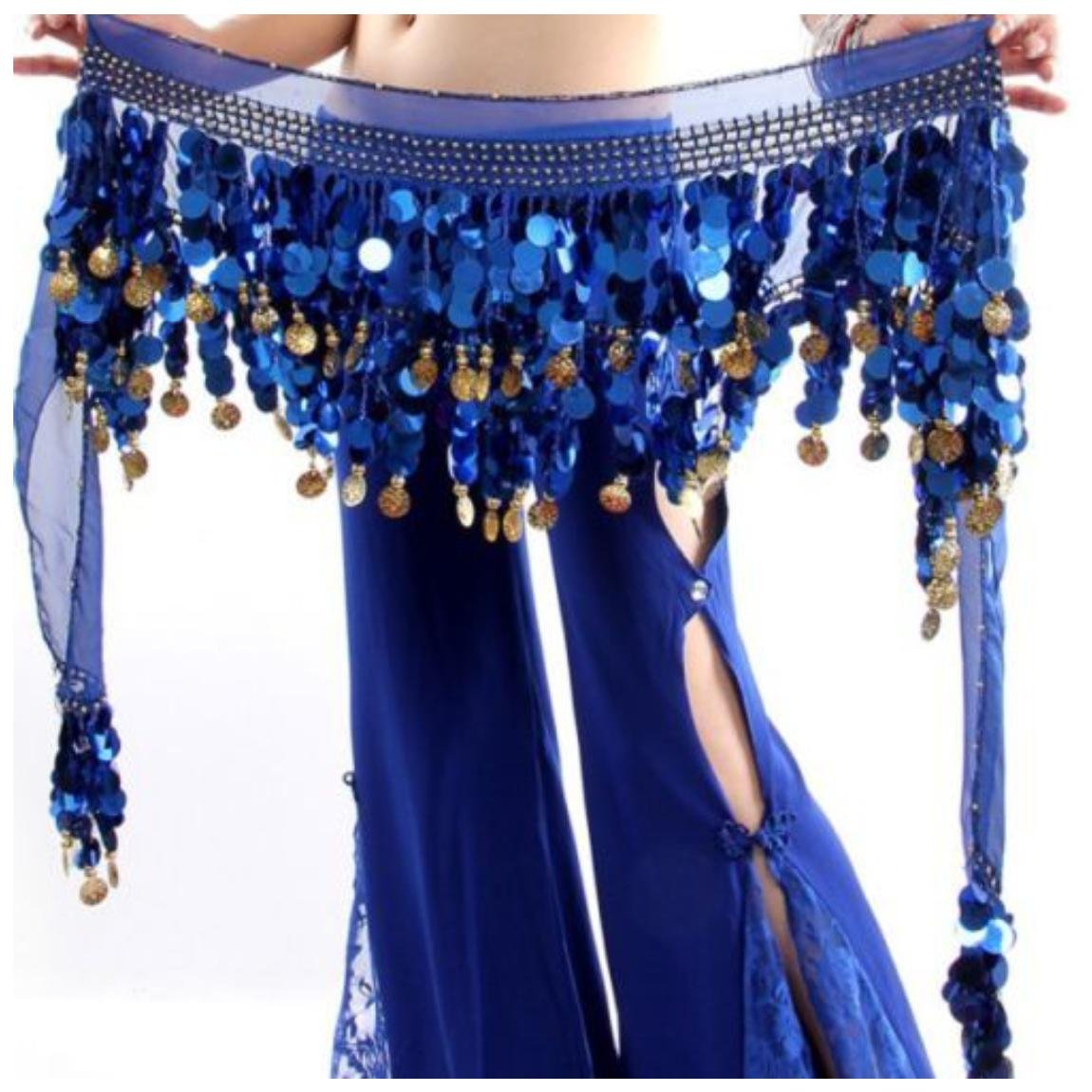 VRITRAZ Women's Chiffon Belly Dance Hip Scarf Waistband Belt Skirt Mixed Colors Beads and Golded Coins 56 Royal 1
