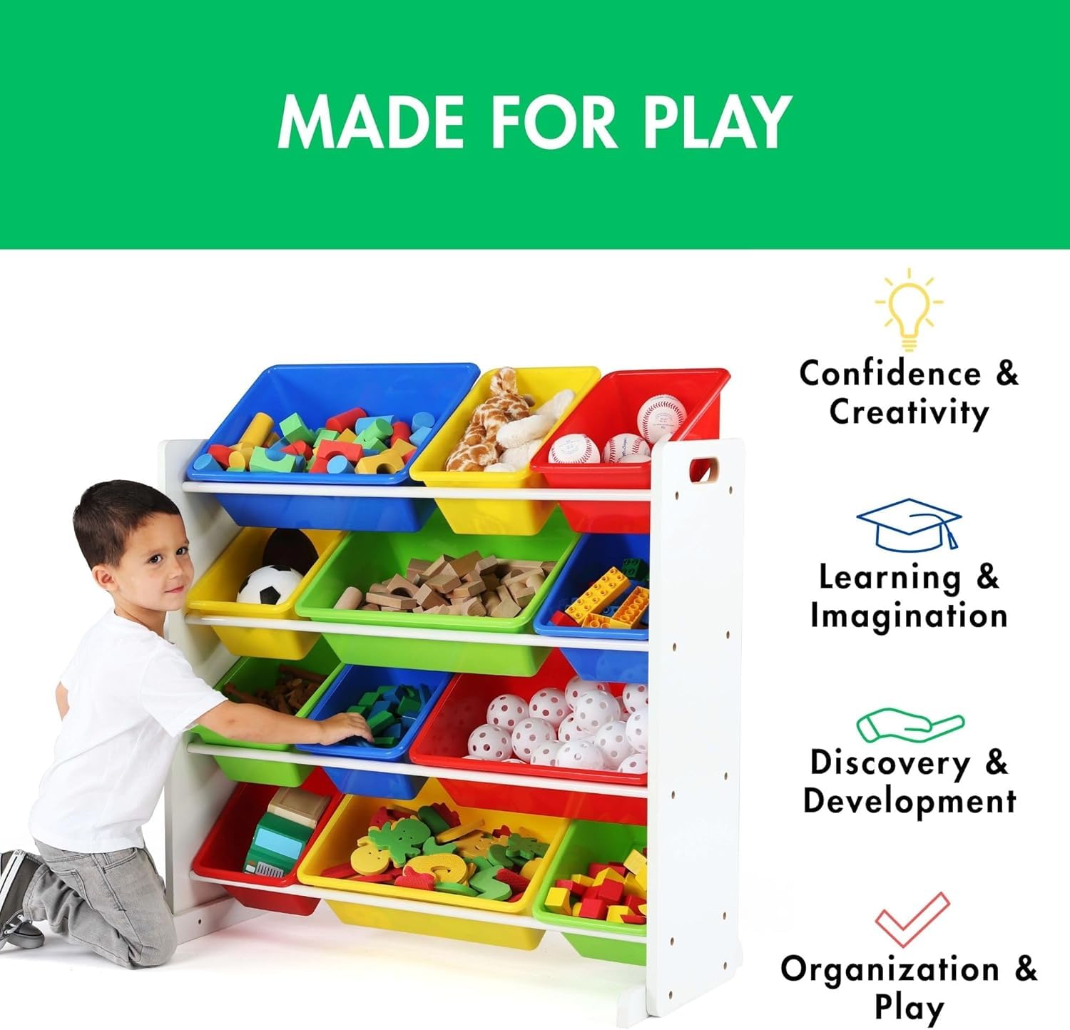 Snazzy Toy Storage Organizer with 12 Plastic Bins, White/Primary β Removable Bins for Playroom, Bedroom, Toddler Furniture for Boys and Girls 3