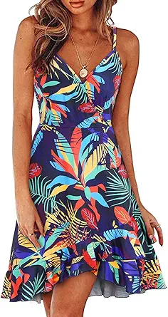 ULTRANICE Womens Summer Floral Wrap V Neck Adjustable Spaghetti Casual Ruffle Dress