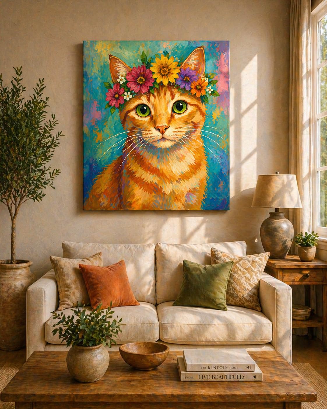 Handmade Oil Painting Floral Crown Cat on Stretched Canvas | Hand-Painted Original, Vibrant Colours, Ready to Hang, Wall Art Decor, Textured Finish-picture-15