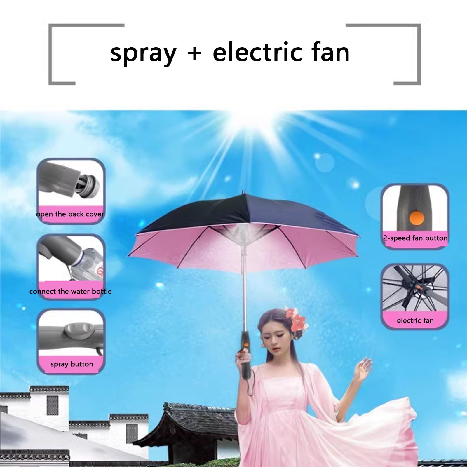 Parasol słoneczny, parasol ochronny ze sprayem i wentylatorem, przenośny parasol golfowy, dwie prędkości wiatru, ładowanie przez USB, idealny na festiwale, plażę (black blue)