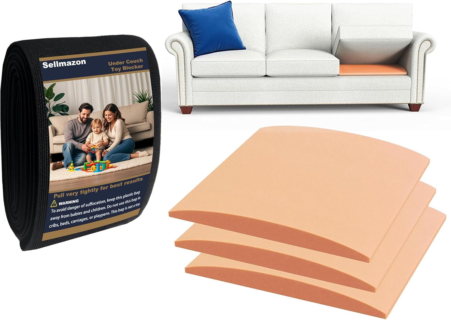 Couch Cushion Support Orange 3 Pack and Under Couch Blocker 5 in x 10.25 ft