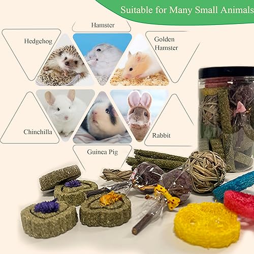 Miniatura 6 de FIPASEN Juguetes masticables de conejo para dientes, 16 piezas de juguete natural para masticar heno Timothy, mejora la salud dental para conejos,