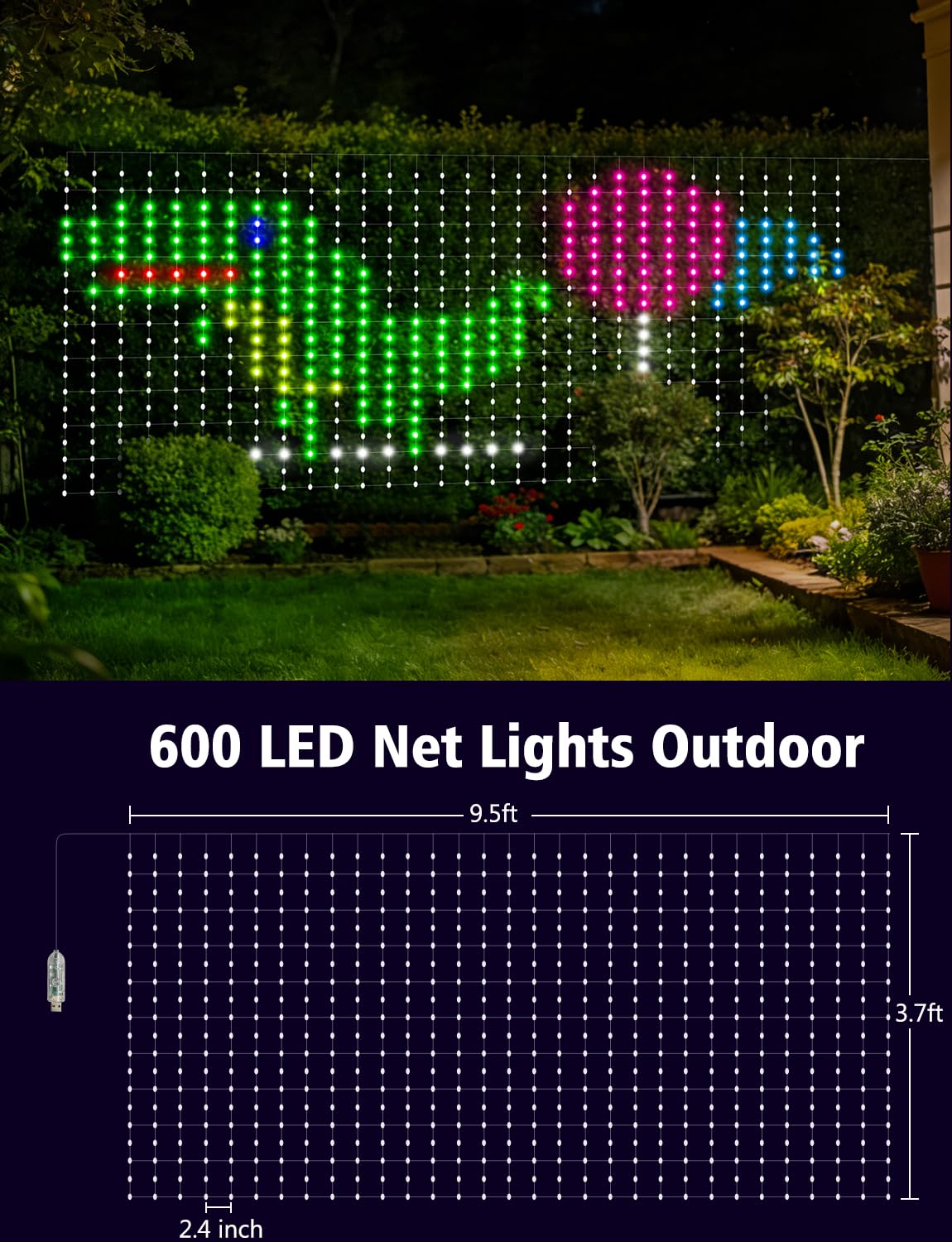 echosari 600 luces LED de red para exteriores, 3.5 x 9.5 pies, luces inteligentes RGB e IC con aplicación/control remoto, modos de bricolaje, luz de malla impermeable para decoración de arbustos de