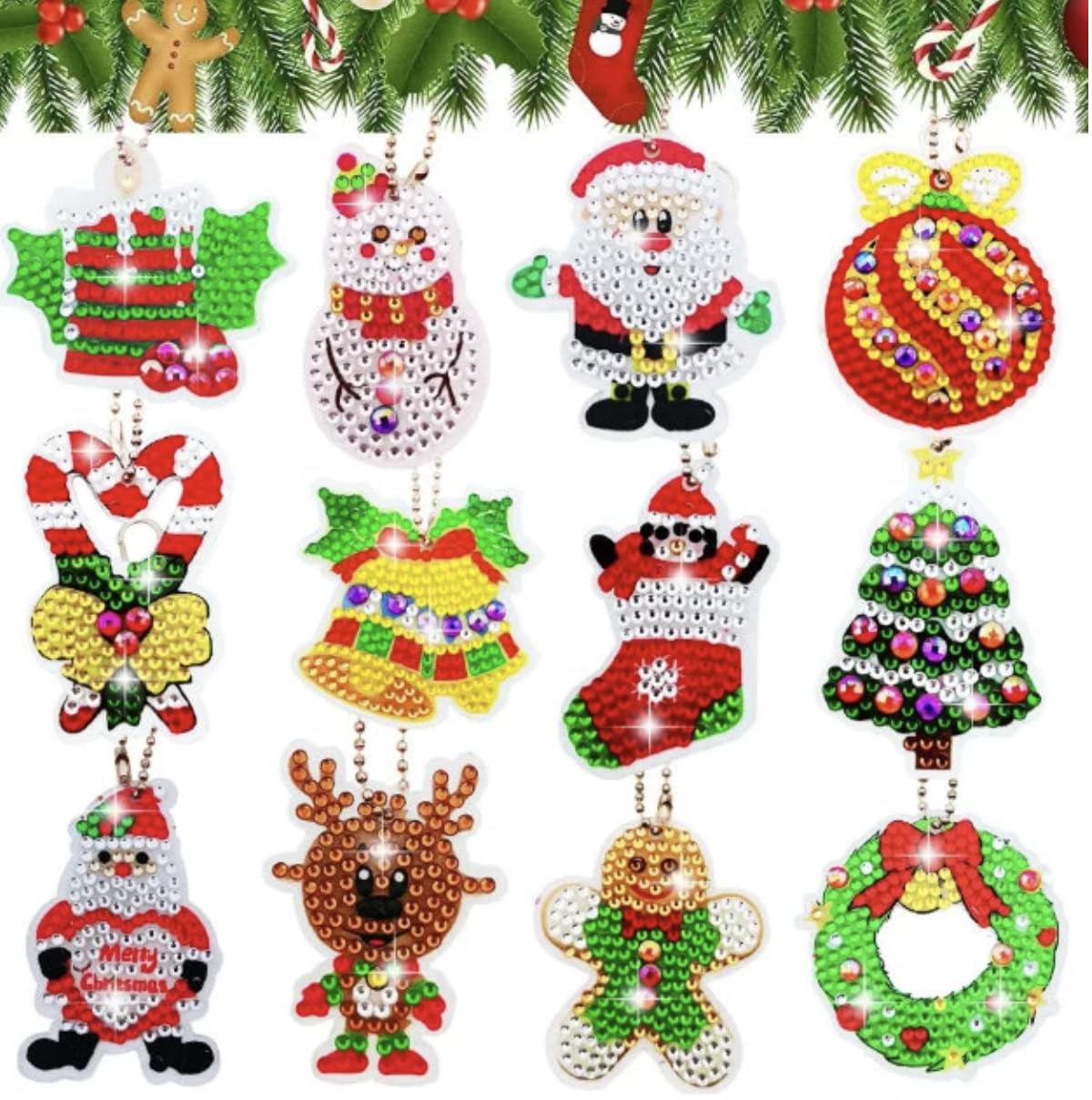 Syntego 12 Pcs 5D DIY Assorted Cute Christmas Diamond Painting Keyrings/Keychains Kit for Adults & Beginners, Double Sided Rhinestone Craft Pendant