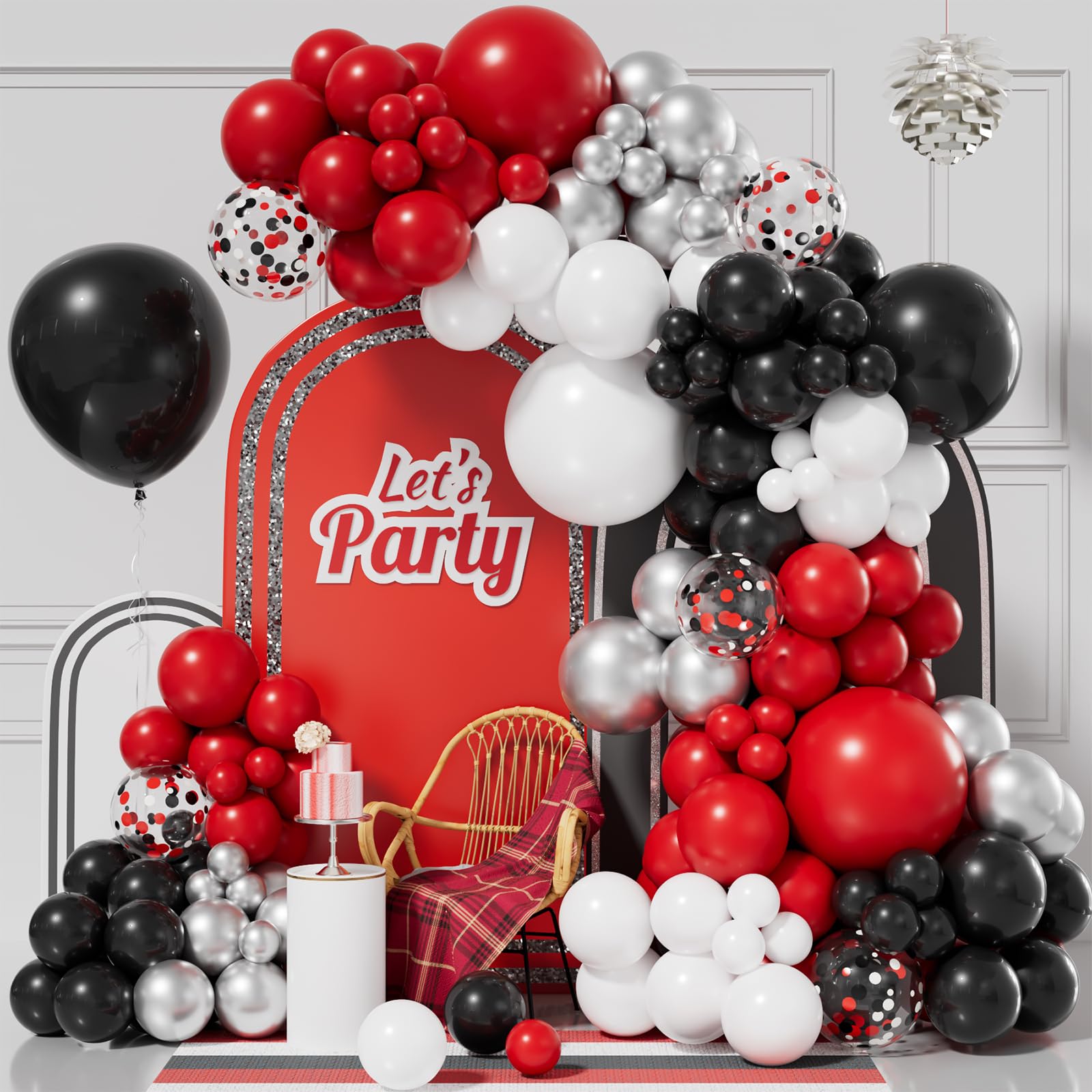 Bonropin 155pcs Red Black and White Balloon Garland Arch Kit, Different Size Red Black White Silver Confetti Balloons for Shower Birthday New Year