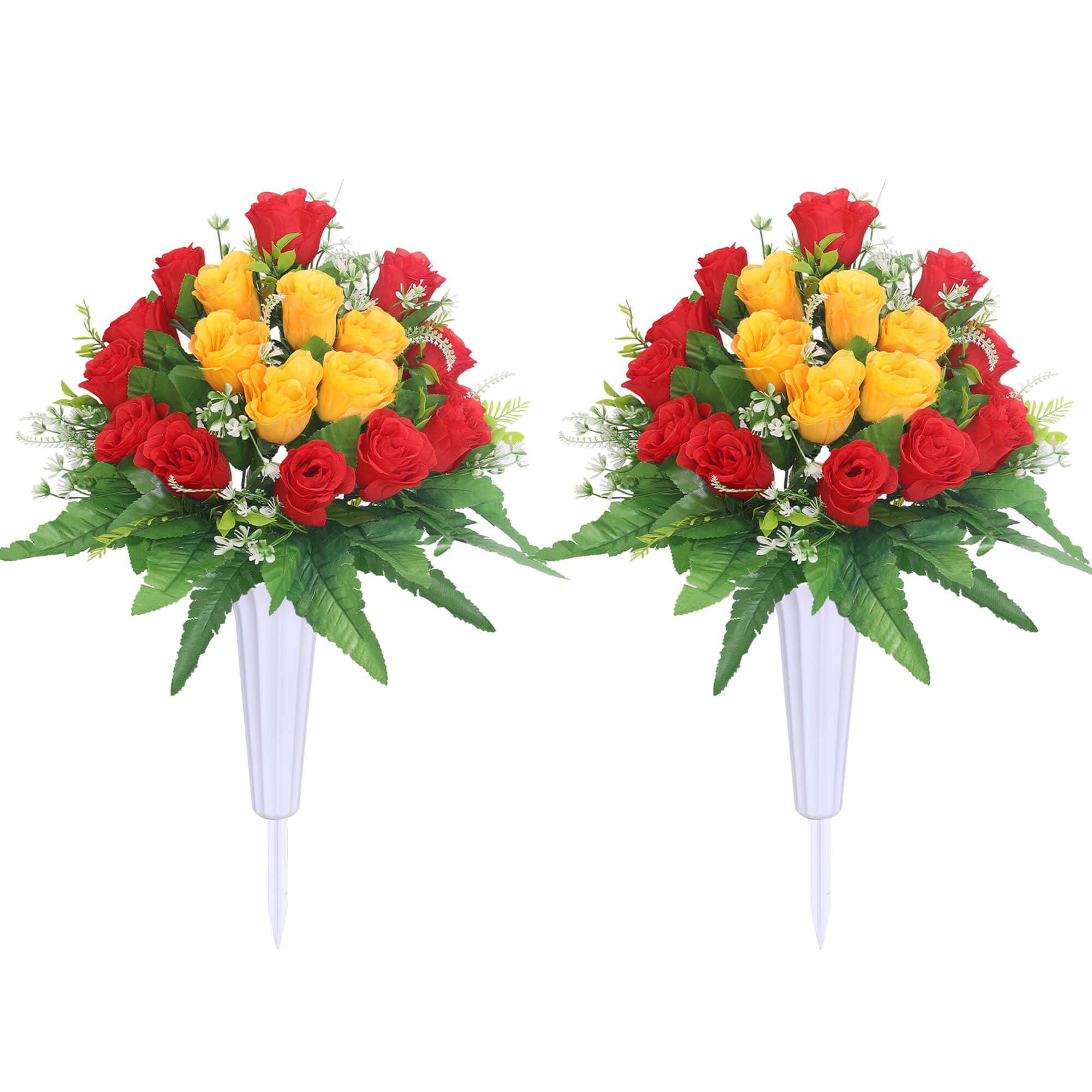 Lodou Set of 2 Artificial Cemetery Flower, Outdoor Grave Decorations Roses,Cemetery Memorial Flowers with Vase for Gravesite Outdoor Headstone Tombstone Decorations (Red Yellow)