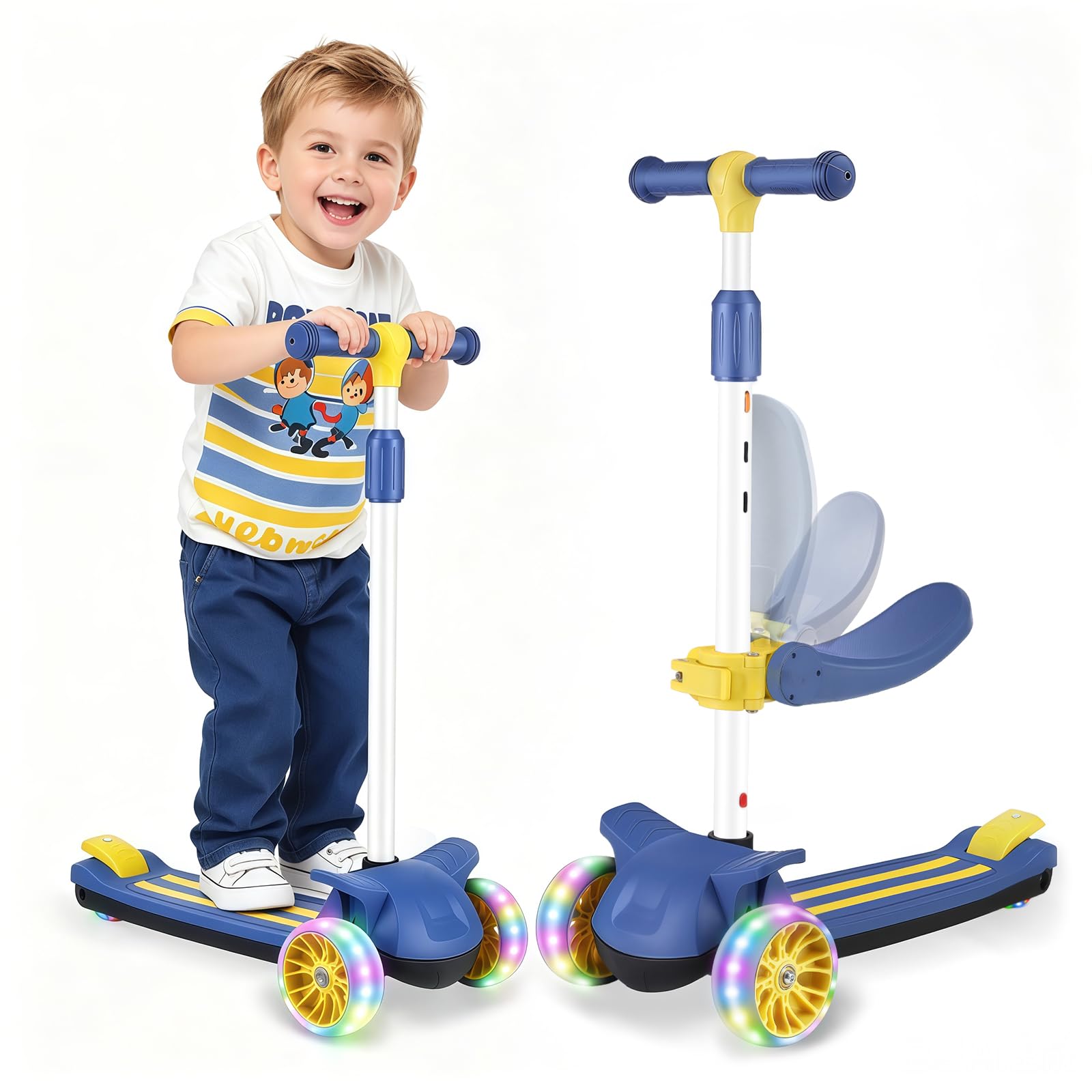 Wheelive 2 in 1 Kids Scooter with Removable Seat, Light up 3 Wheels Kick Scooter with 4 Adjustable Height Toddler Scooters Sit or Stand Ride for Boys & Girls 2-10 Years Old,Blue
