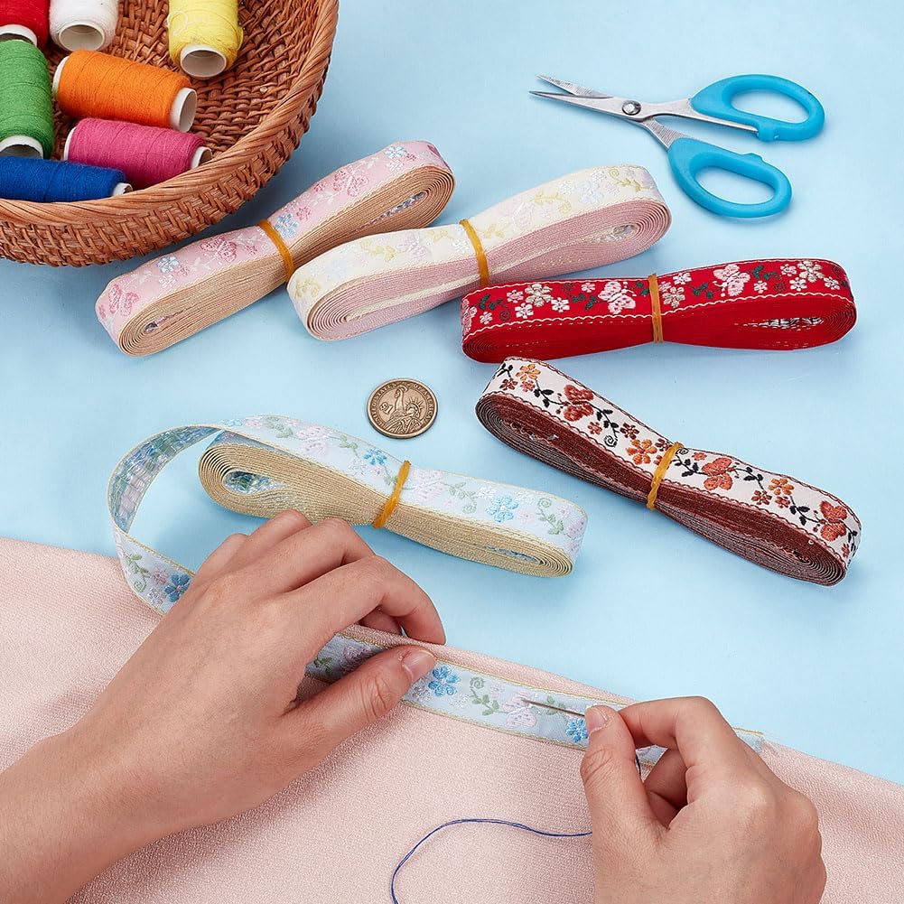 25 Yards 5 Colors Jacquard Ribbon Trim 3/4 Inch Polyester Flowers Butterfly Jacquard Ribbon Embroidery Flower Trim for DIY Art Craft Supply Home Party Decor Scrapbooking Gift Wrapping