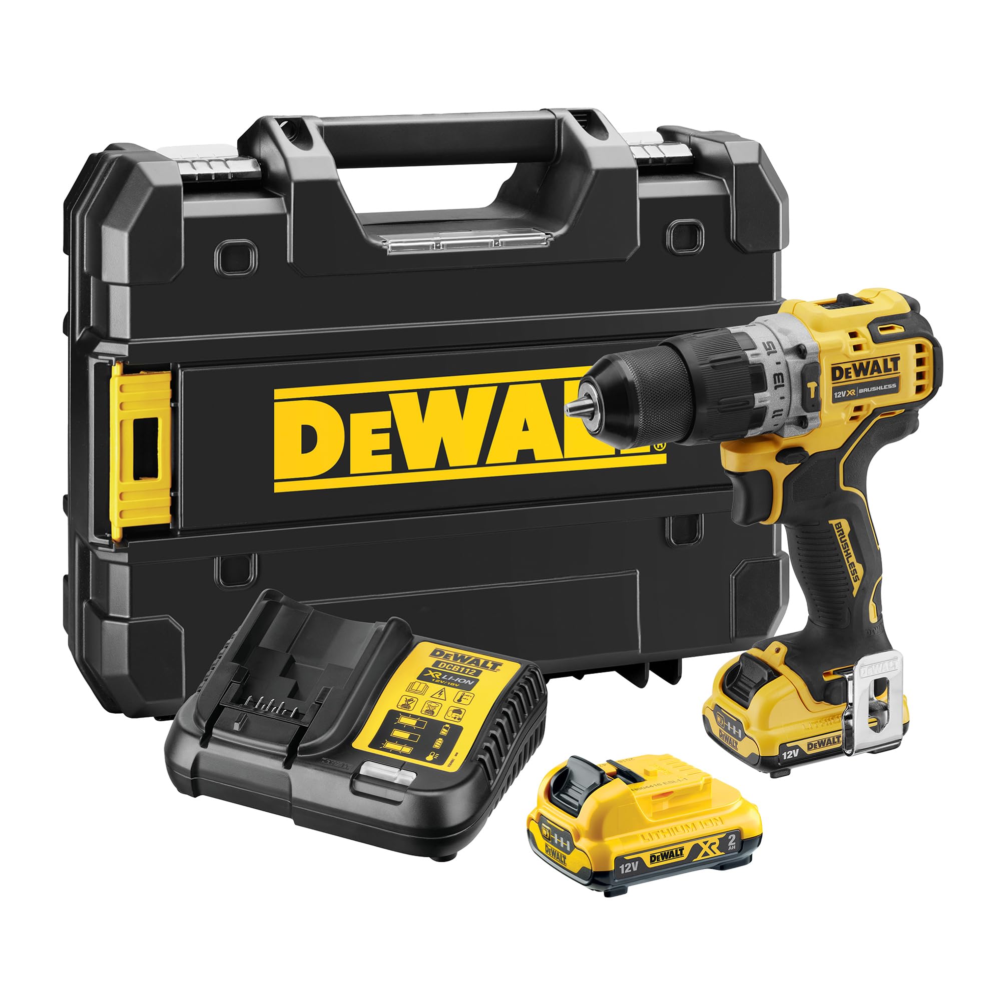 DEWALT XR 12V Brushless Hammer Drill with 2 x 2Ah XR Li-Ion Batteries and a TSTAK Boxed Charger, DCD706D2-QW
