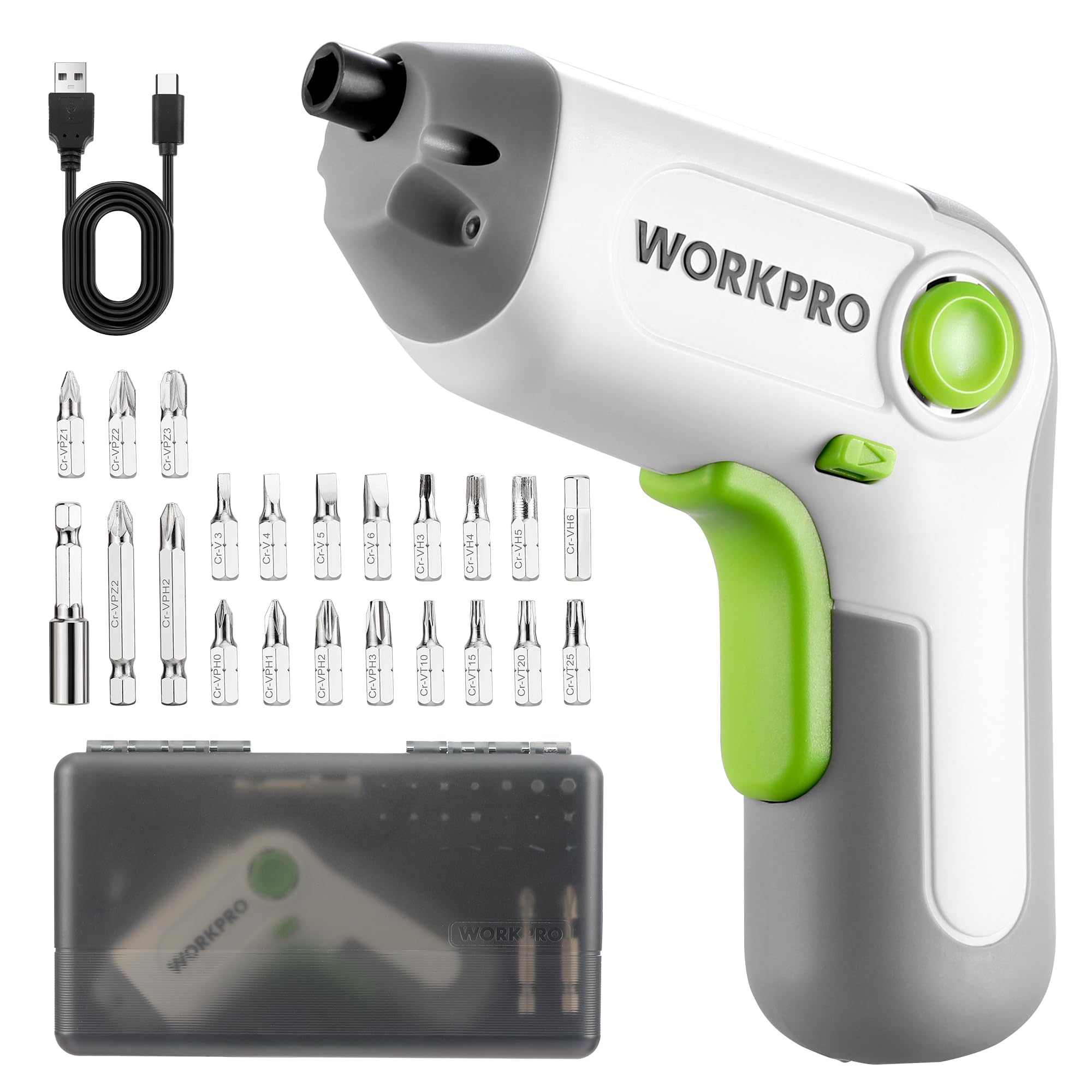 WORKPRO 3.6V Electric Screwdriver Set with Offset Drive, 24-Piece Cordless Screwdriver Kit, 6 Nm Torque, Mini Power Screwdriver with Carrying Case