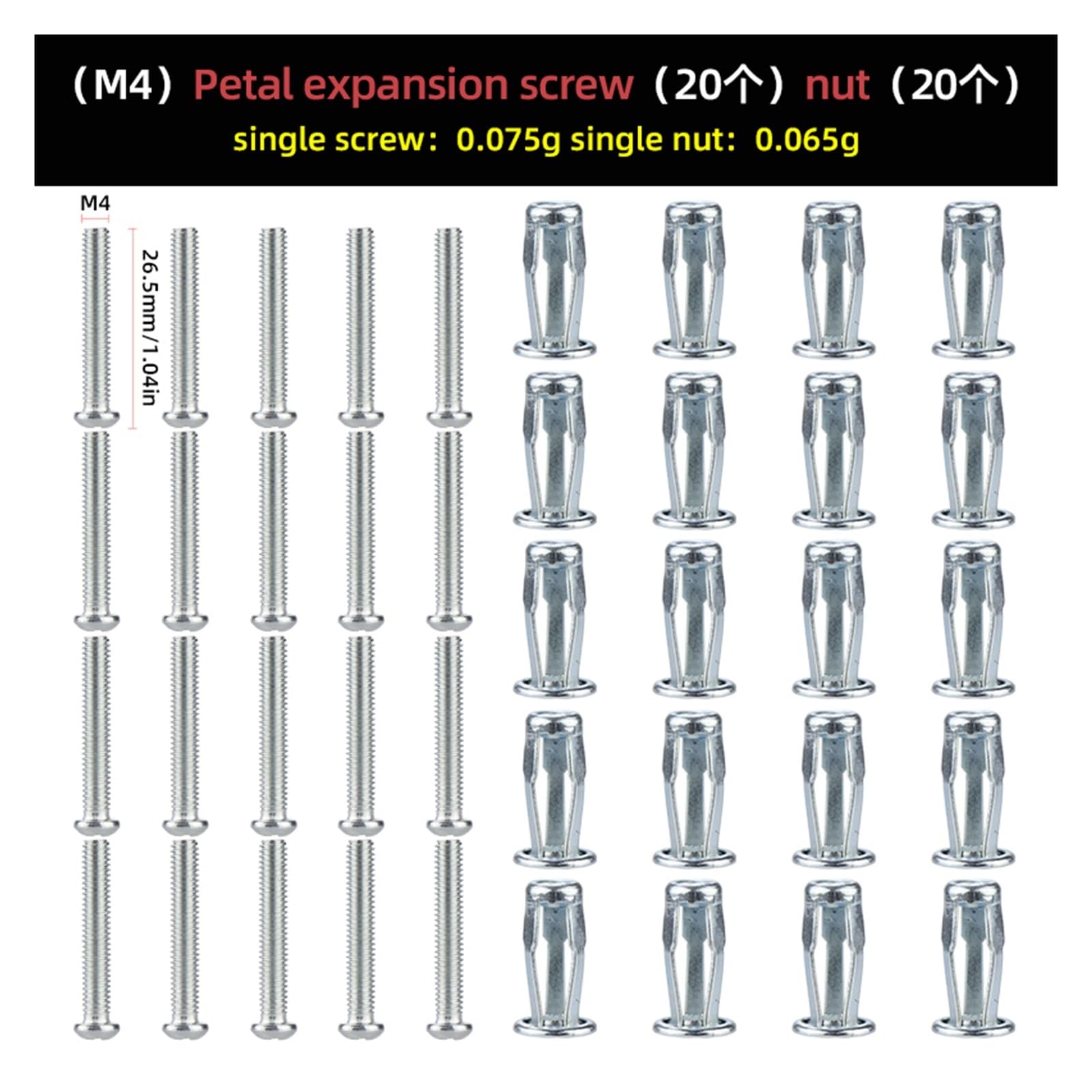 Spreizmutter Schraube, 20pcs M4 M5 M6 M8 Petal Rivets Nut Car License Screw Jack Nuts Set for Hollow Wall Iron Skin Petal Nut(20pcs M4 set)