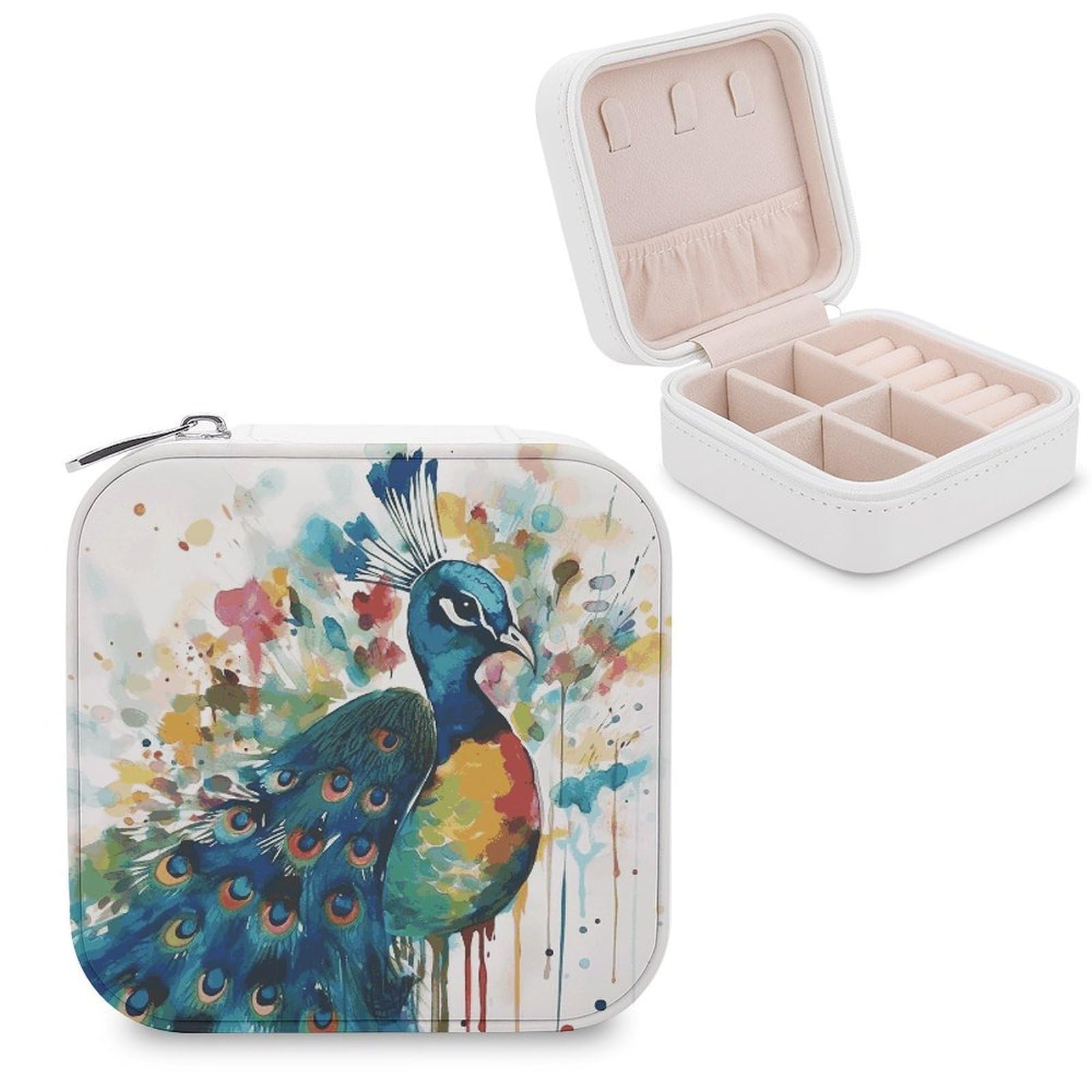 JTREHY Travel Watercolor Peacock Jewelry Case Portable Display Storage Box PU Leather Mini Jewelry Travel Case Personalized Travel Jewelry Organizer Small Jewelry Box for Women