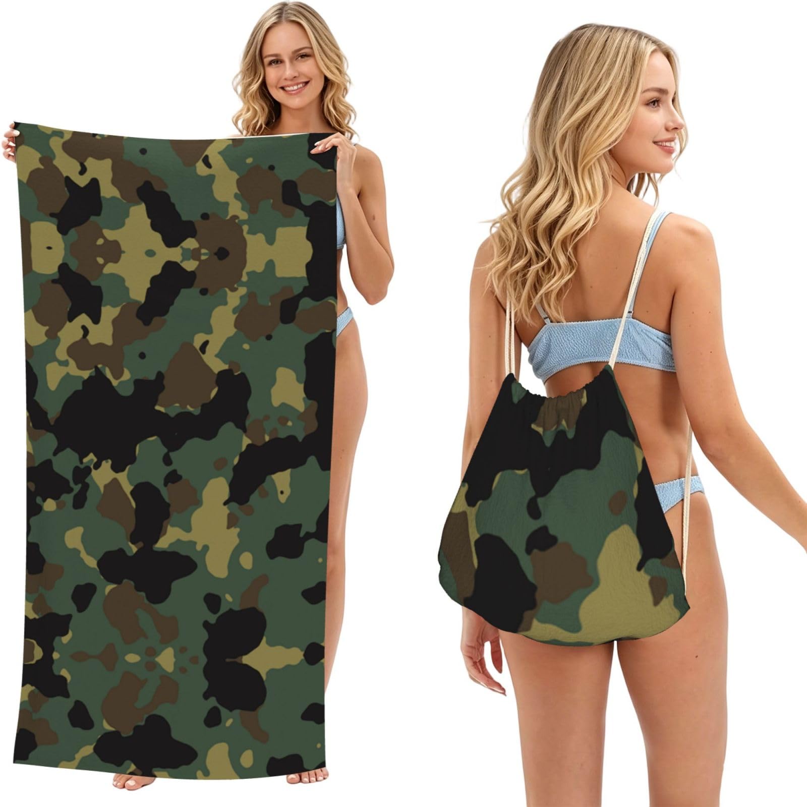 WSHFFILO Camouflage Pattern printed 2 in 1 Packable Towel Bag Bath Towel Beach Towel