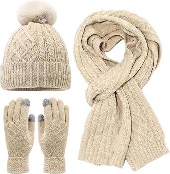 3 Pcs Winter Fleece-Lined Beanie Hat Knit Long Scarf Neck Touchscreen Gloves Set for Winter Warmth Choices Men, Women, Girls and Boys