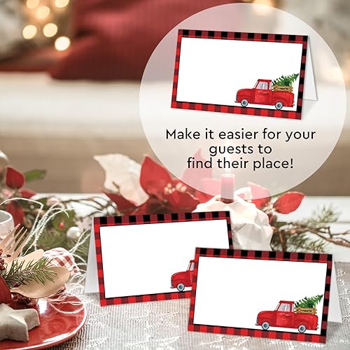 Miniatura 4 de Tarjetas de lugar con camión rojo, con puntuaciones para plegarse fácilmente, juego de 25 tarjetas de asiento de mesa estilo tienda, decoración de