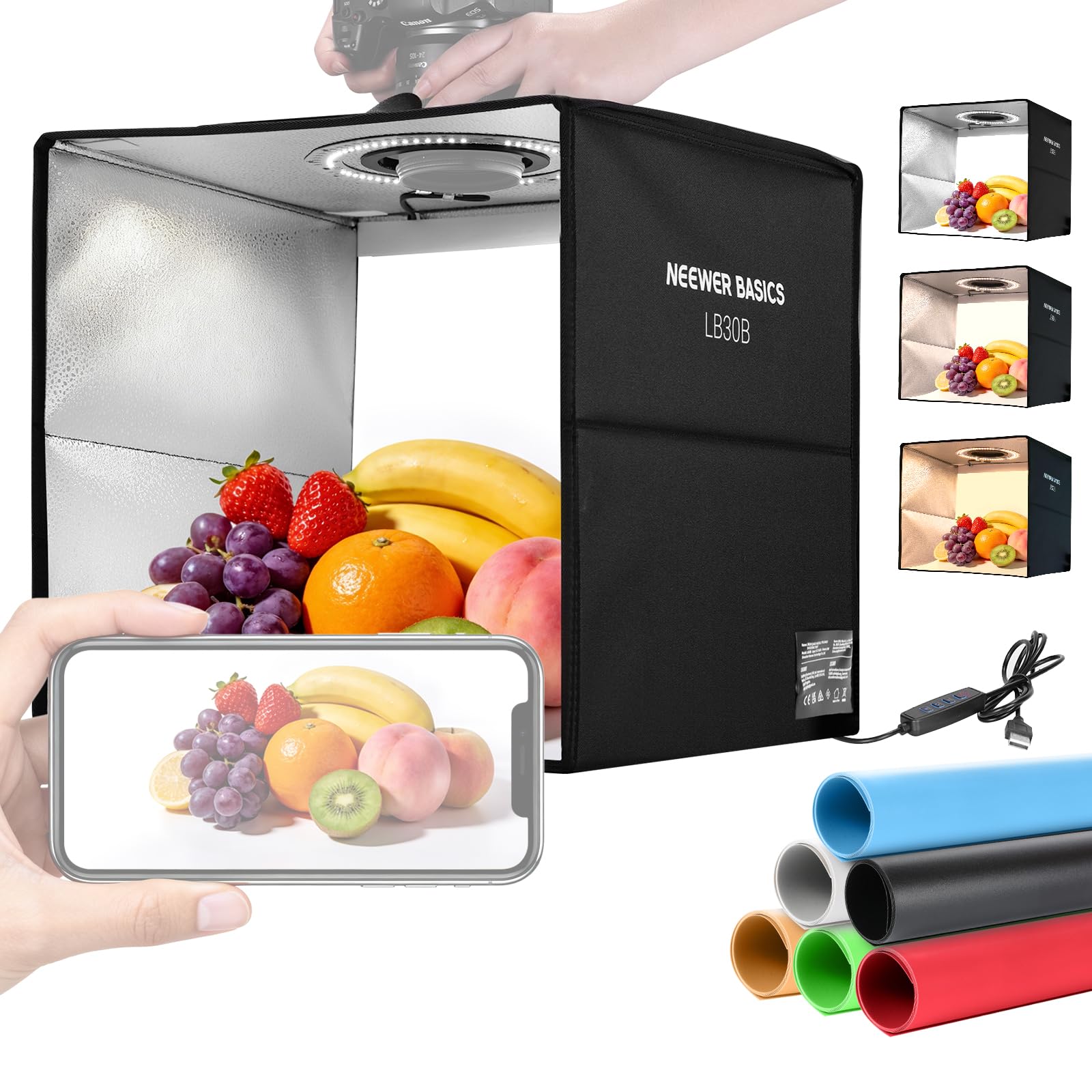 NEEWER Basics Bi Color Photo Studio Light Box, 12"x12"x12" Folding Photo Booth Shooting Tent with 6 Color Backdrops, 120 LEDs CRI95+ Dimmable for Tabletop Jewelry Electronics Food Photography, LB30B