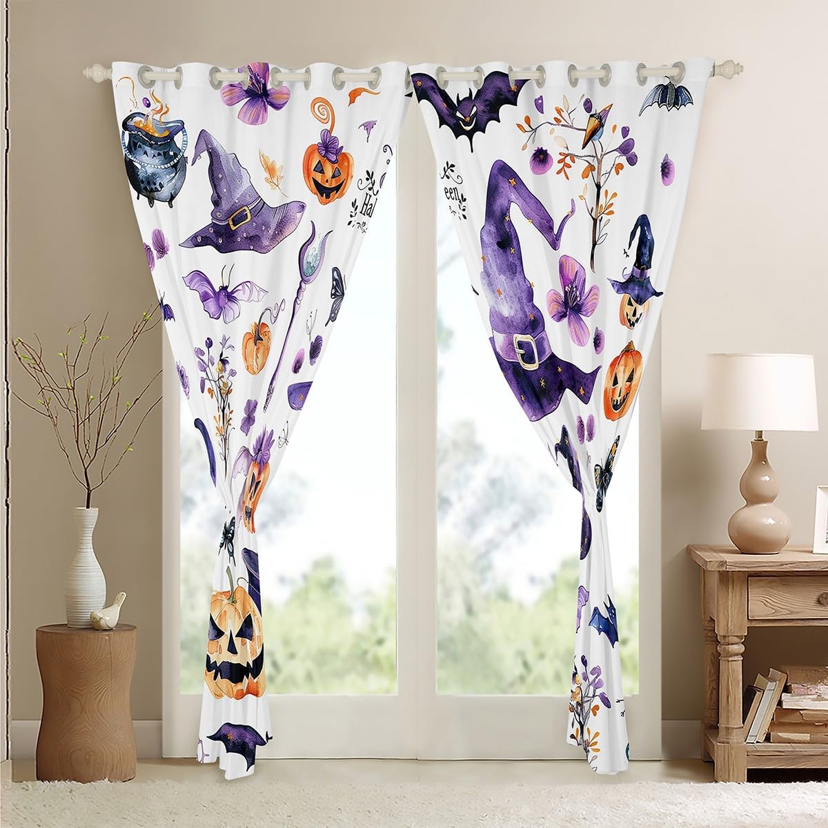 Feelyou Halloween Witch Hat Window Drapes Watercolor Cartoon Decor Curtains Boys Girls Pumpkin Bats Window Drapes Treatments Butterfly Flower Window Treatments, 52W X 90L,2 Panels