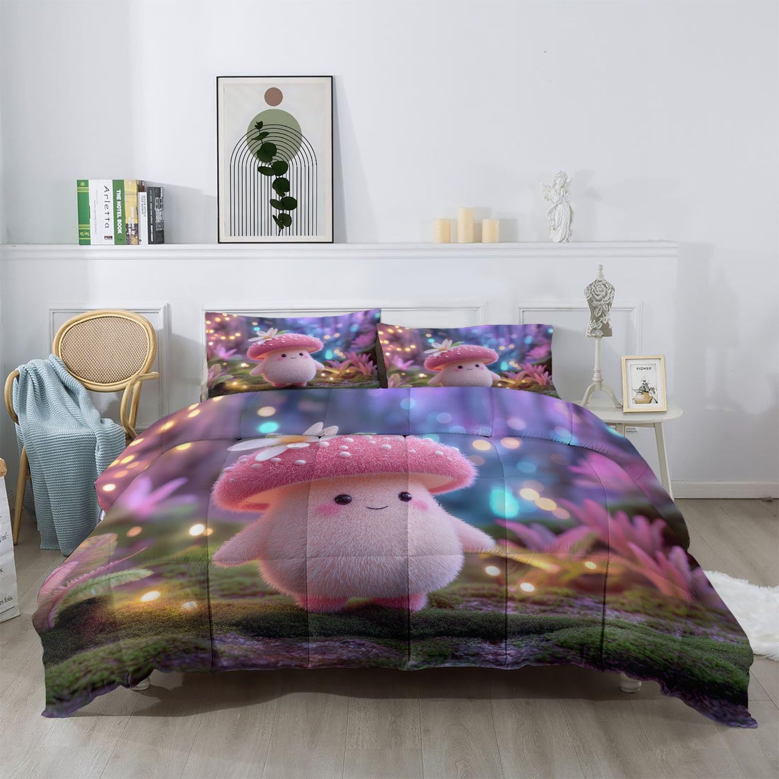 Genérico Kołdra Łóżko 135 x 200 cm, Fantasy Las Grzyby Różowy Nadruk 200g/m² - Dwustronna narzuta bez pokrowca na każdą porę roku, miękkie i oddychające wypełnienie