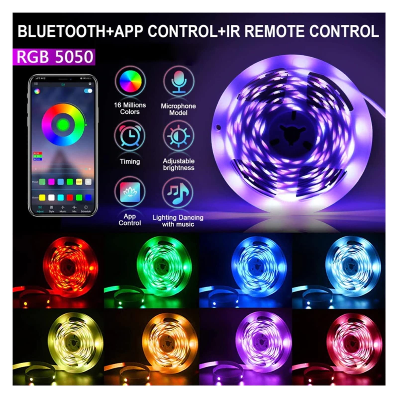 Bande lumineuse LED USB Bluetooth 5 V 5050 2812 SMD LED RVB flexible pour chambre, TV, bureau - Rétroéclairage (24 touches bleues, 20 m)
