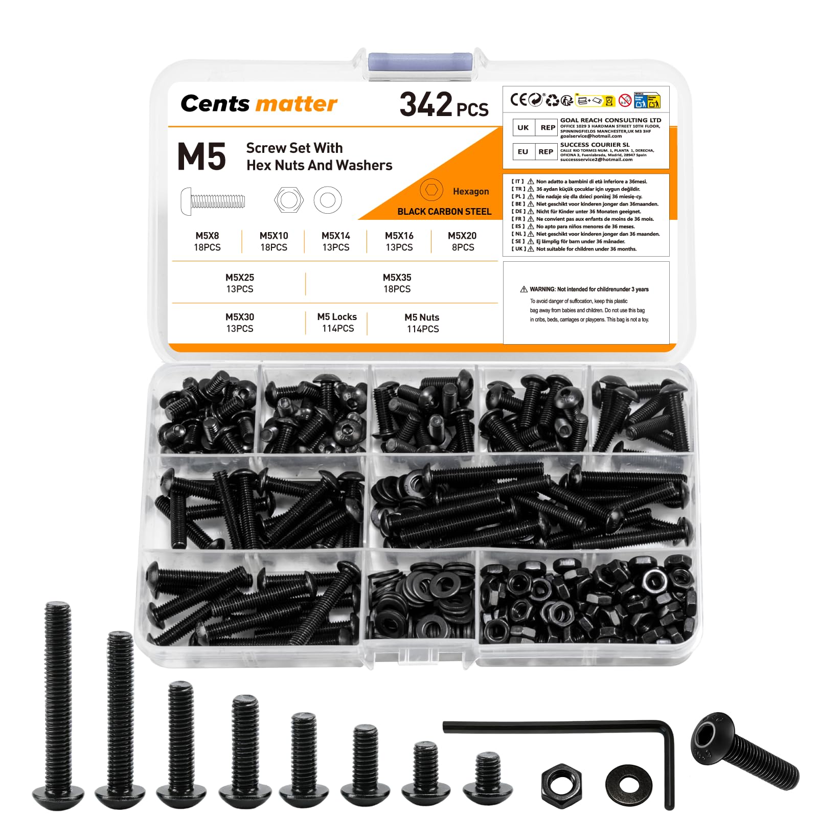 342 Pcs M5 Screws Set, M5 Bolts and Nuts Set, Assorted Nuts and Bolts Set, Hex Socket Head Cap Screws Bolts and Nuts Set with Washers Set, Pan Head Round Head Machine Screws Assortment Kit