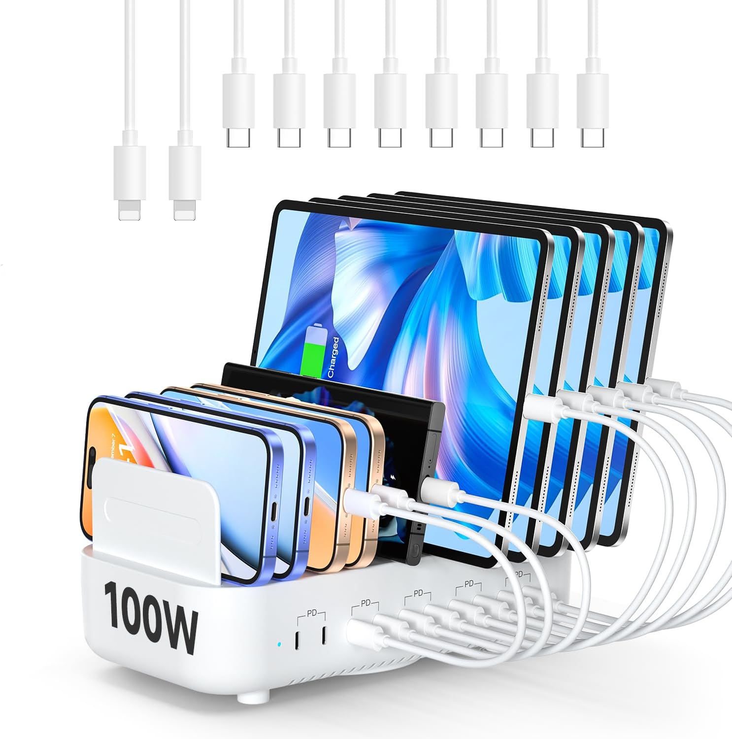 USB Charging Station with 10 Cables,100W Fast Charging Station for Multiple Devices,10-Port USB C Phone Charger Station Organizer for lPad,Tablet,Kindle and More(White)