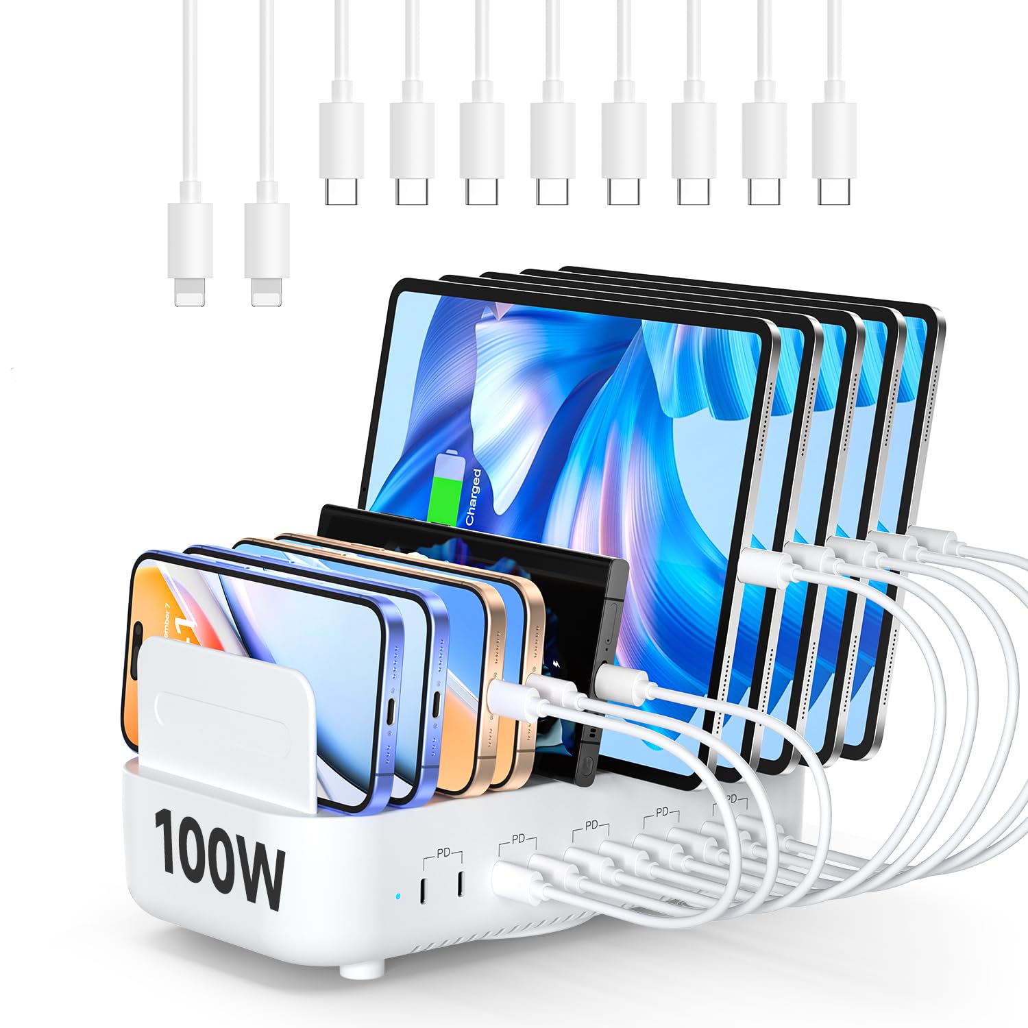 SooPii USB Charging Station with 10 Cables,100W Fast Charging Station for Multiple Devices,10-Port USB C Phone Charger Station Organizer for lPad,Tablet,Kindle and More(White)