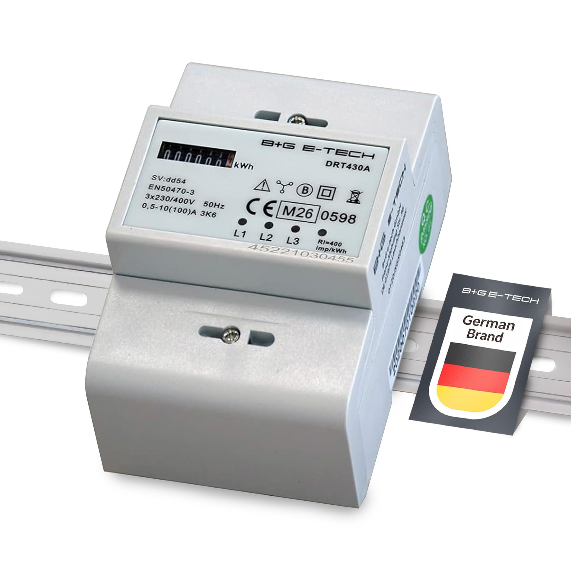 3-fazowy cyfrowy licznik prądu trójfazowego [DRT430A – MID 26] z mechanicznym licznikiem rolkowym, certyfikat MID, pomiar bezpośredni do 100 A, 400 V, wyjście impulsowe S0, montaż na szynie DIN
