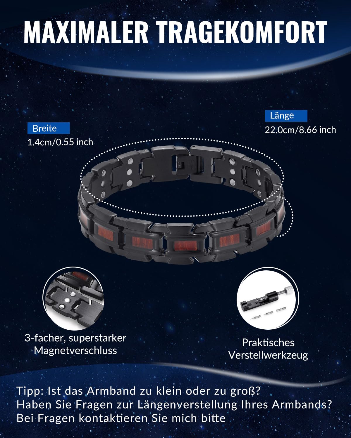 RainSo Herren Magnetarmband,Scorpion Zange Dreireihiges magnetisches Armband aus Holz und Edelstahl,Wird mit einem Werkzeug zum Entfernen von Gliedern und einer Schmuckgeschenkbox (schwarz und rot)