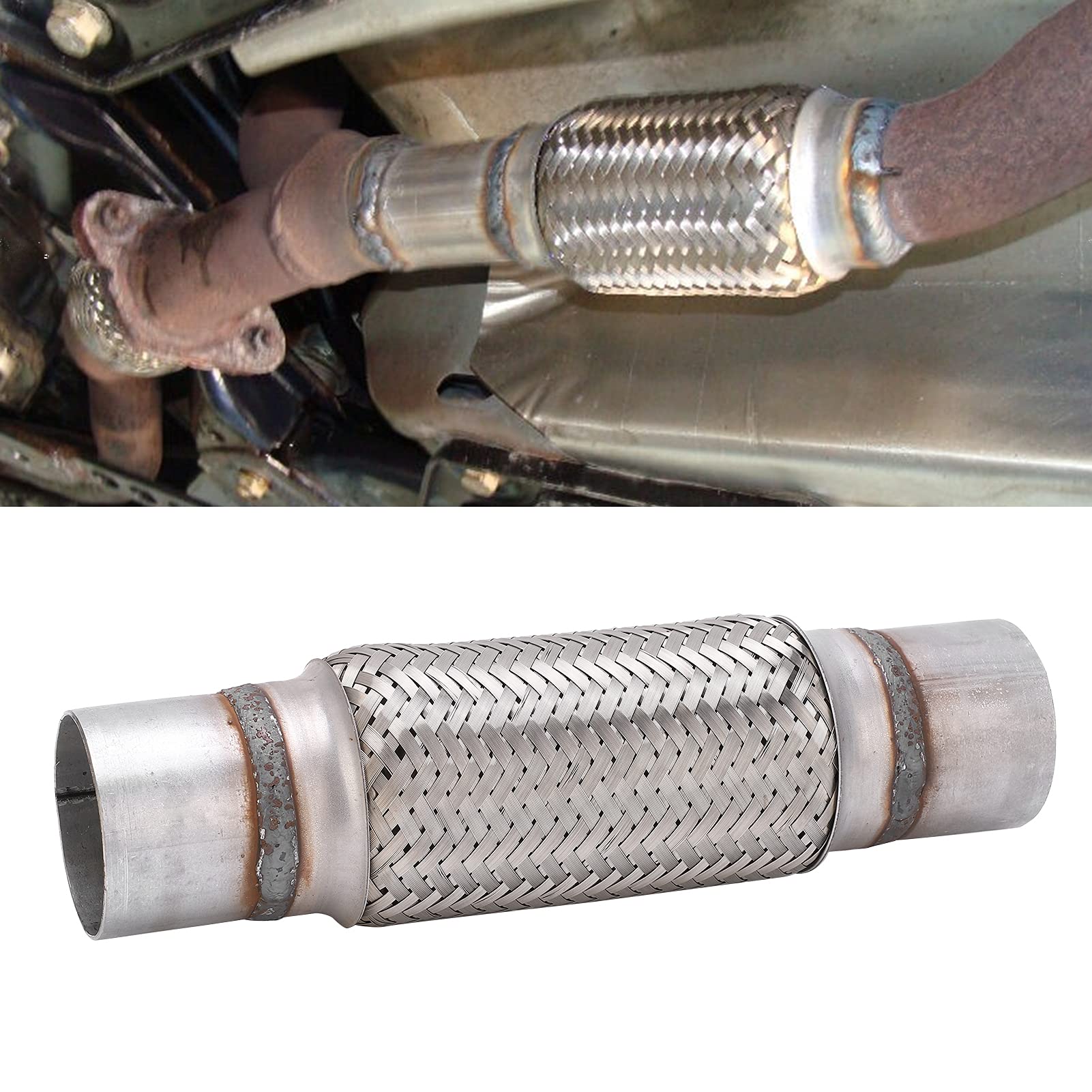 Akozon Tubo flexible de escape de 2,5 x 12 pulgadas Acoplamiento de tubo flexible de escape tejido para coche Tubo de escape trenzado Tubo de junta flexible corrugado de acero inoxidable para cam