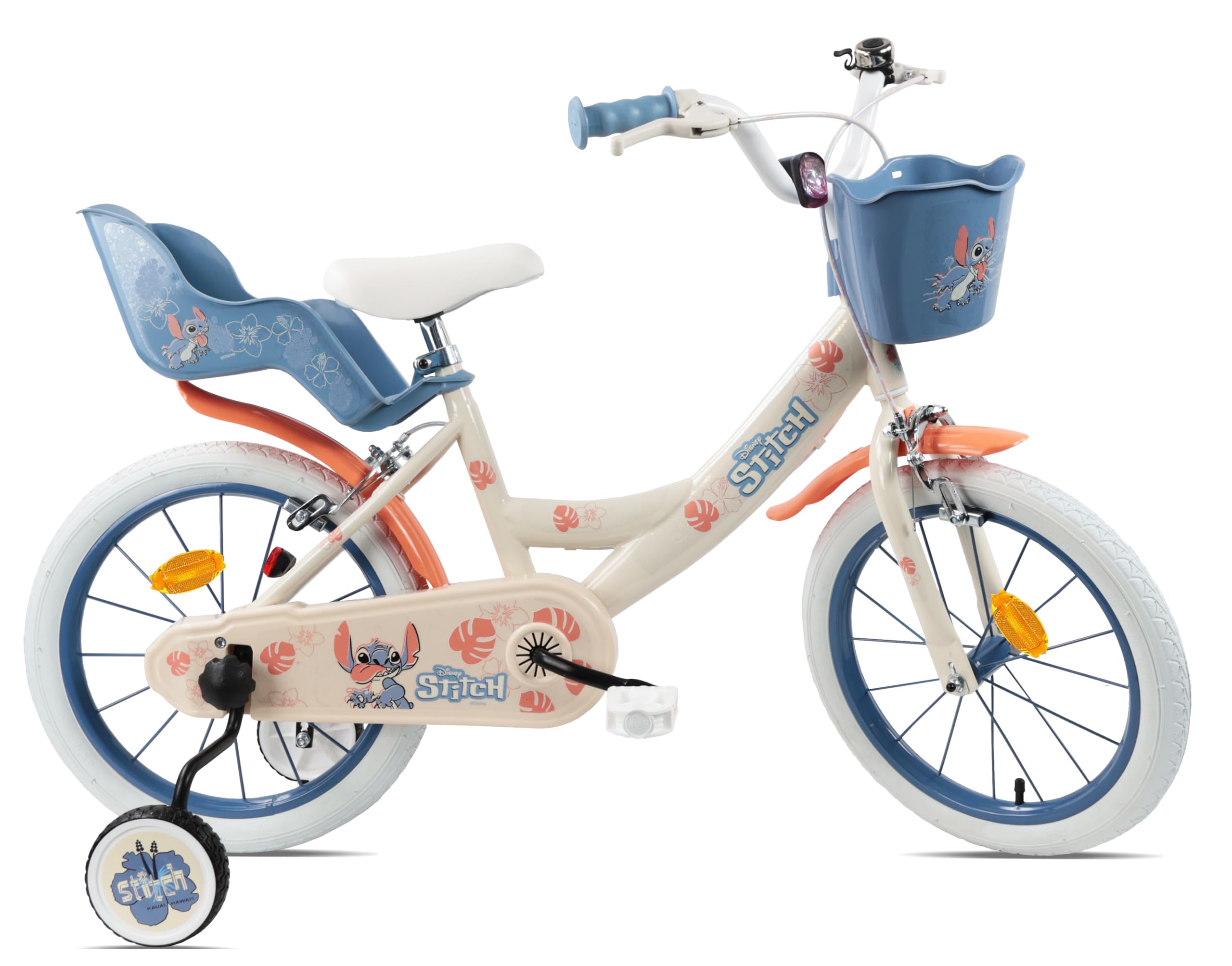 Vélo 16'' Fille avec Casque Leo & Stitch de Disney - 2 Freins Caliper - Pneus Gonflables - Panier Avant - Porte-poupée arrière - Garde-Boue 2 Stabilisateurs + Casque Stitch, Beige