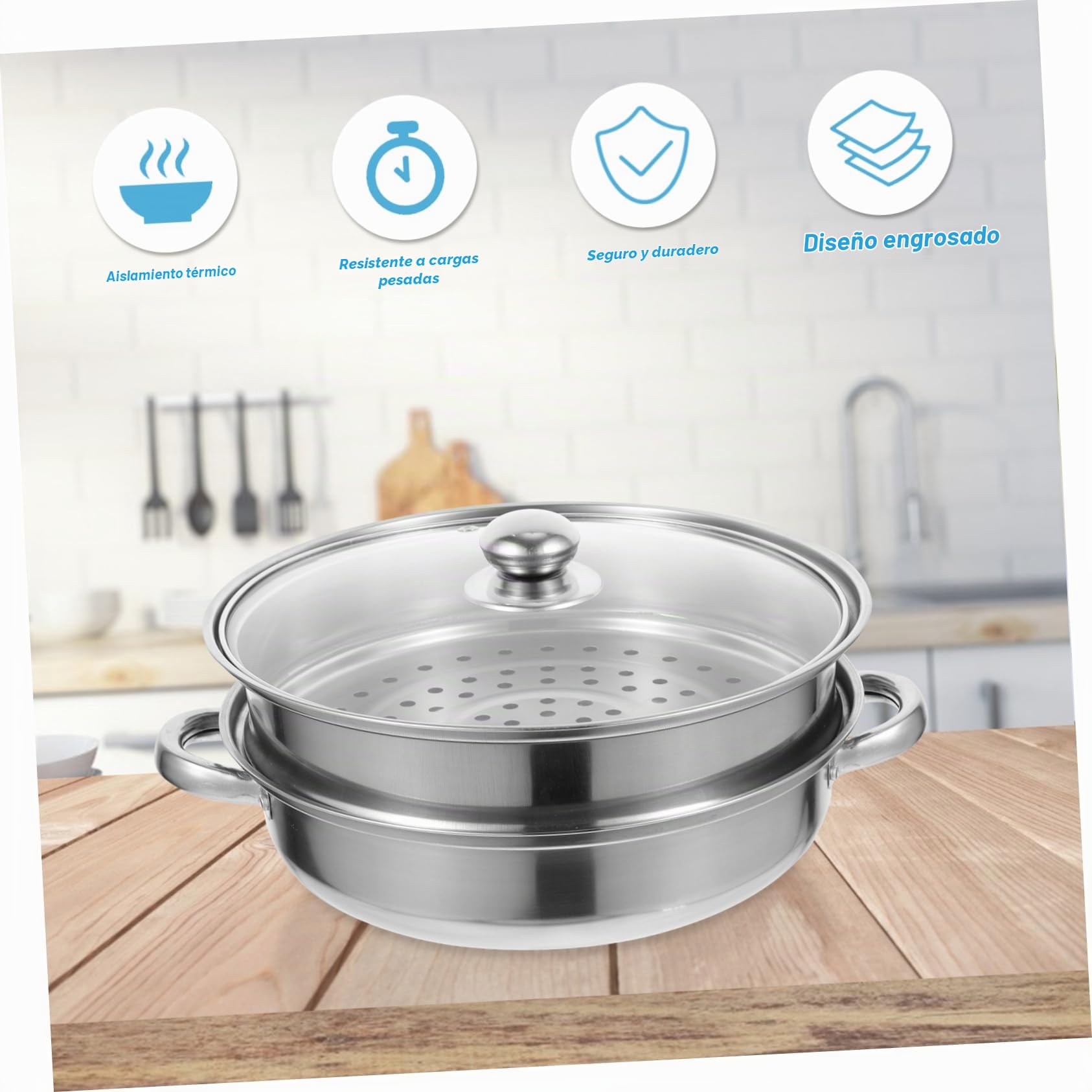 Olla de Vapor de Acero Inoxidable para Cocinar, Vaporera de 2 Capas, Fácil de Limpiar, Bordes Redondeados, Adecuado Cocina