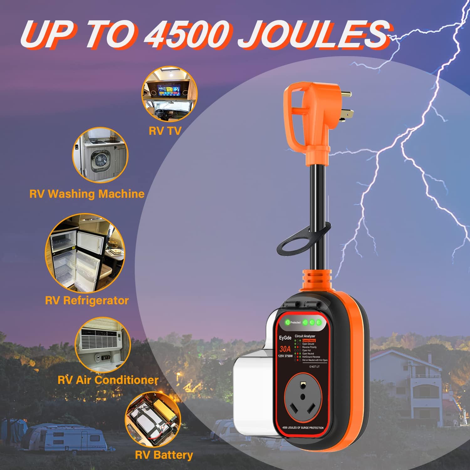 EyGde RV Surge Protector 30 Amp - 30Amp Circuit Analyzer with Waterproof Cover 30 Amp RV Power Outlet Box