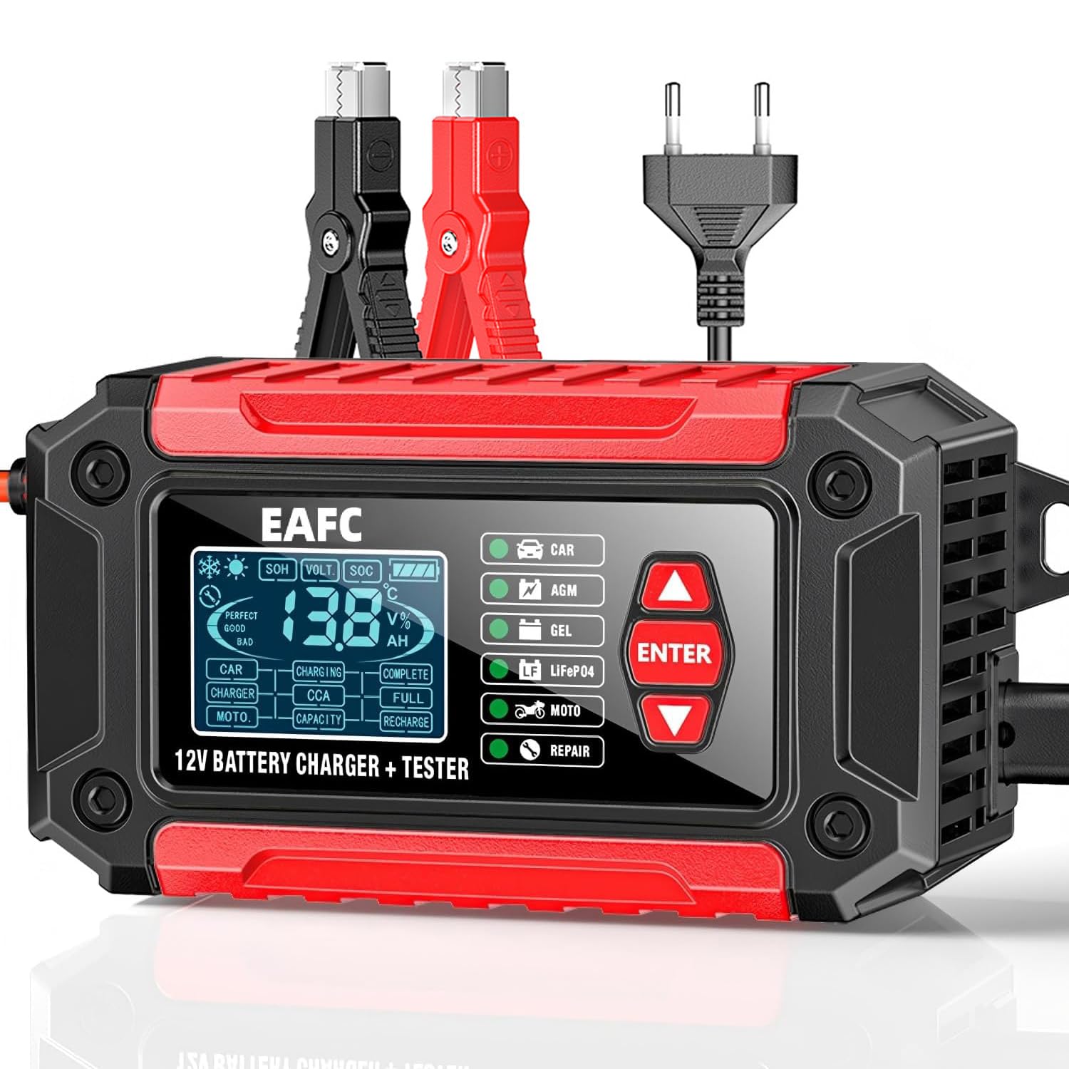 Autobatterie Ladegerät mit Batterietester kfz 2-in-1, 12V 6A Batterieladegerät mit Analysefunktion für CCA, SOH, SOC - Kompatibel mit AGM, Gel, EFB für PKW, LKW, Motorrad, Boot