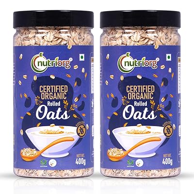 nutriorg Organic Rolled Oats 800G (Pack Of 2 * 400G) | Gluten Free | Weight Management | High Fiber Oats - Natural