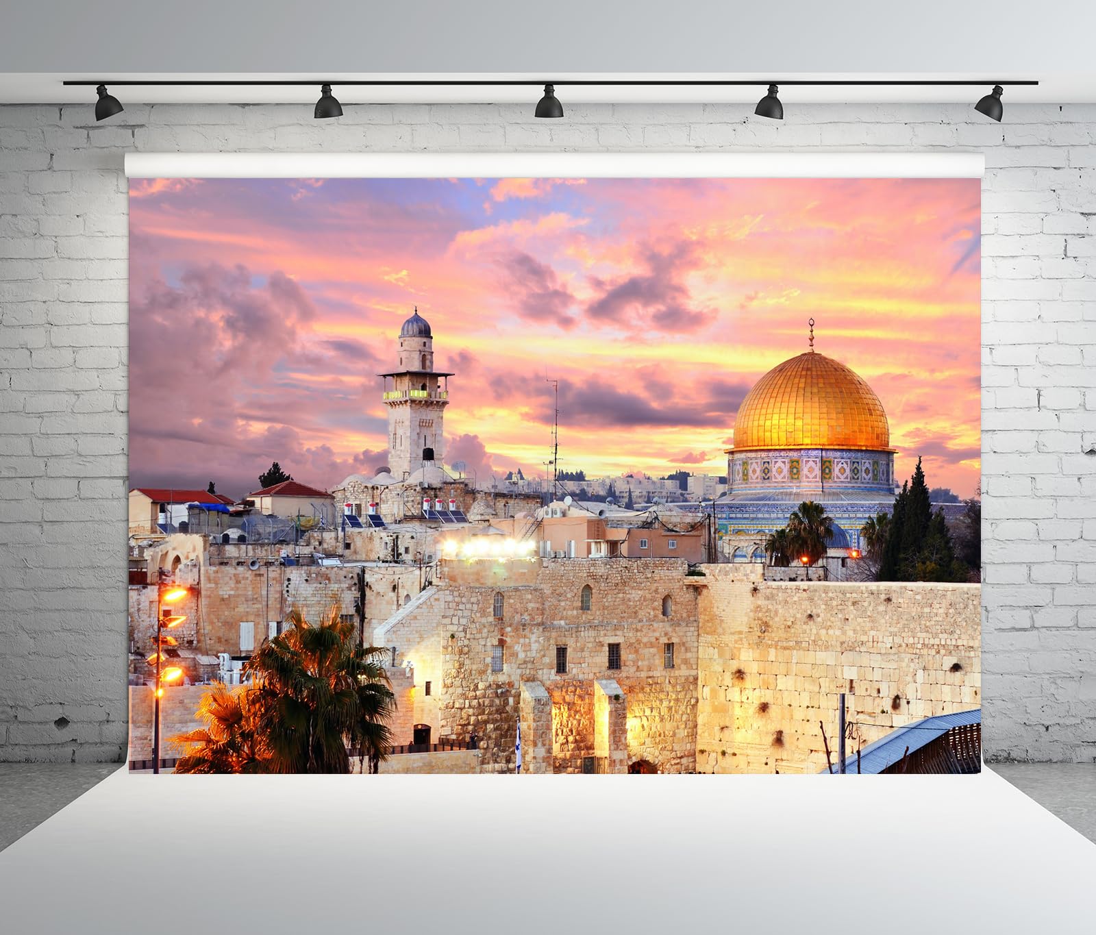 BELECO 20x10ft Fabric Sunset View Of Old City Jerusalem Backdrop Sheep Grazing On Mount Of Olives, Dome Of The Rock, Jerusalem Cityscape Background Israel Theme Party Decorations Religious Photo Props
