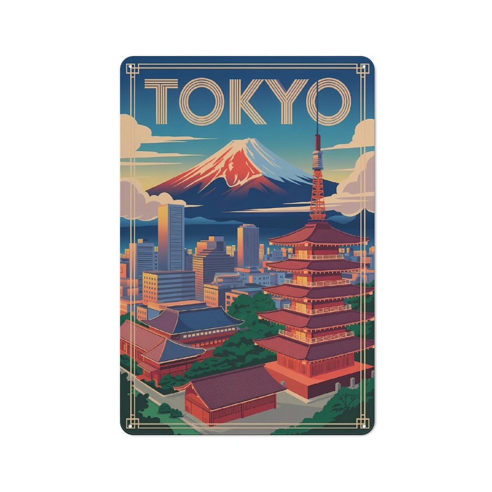 Junmoney Style-11 Tin Wall Plaque 30X20cm With Tokyo Cityscape With Mount Fuji(2) For Home Office Or Studio, New Home Wall Decor For Home Office Decor Fans