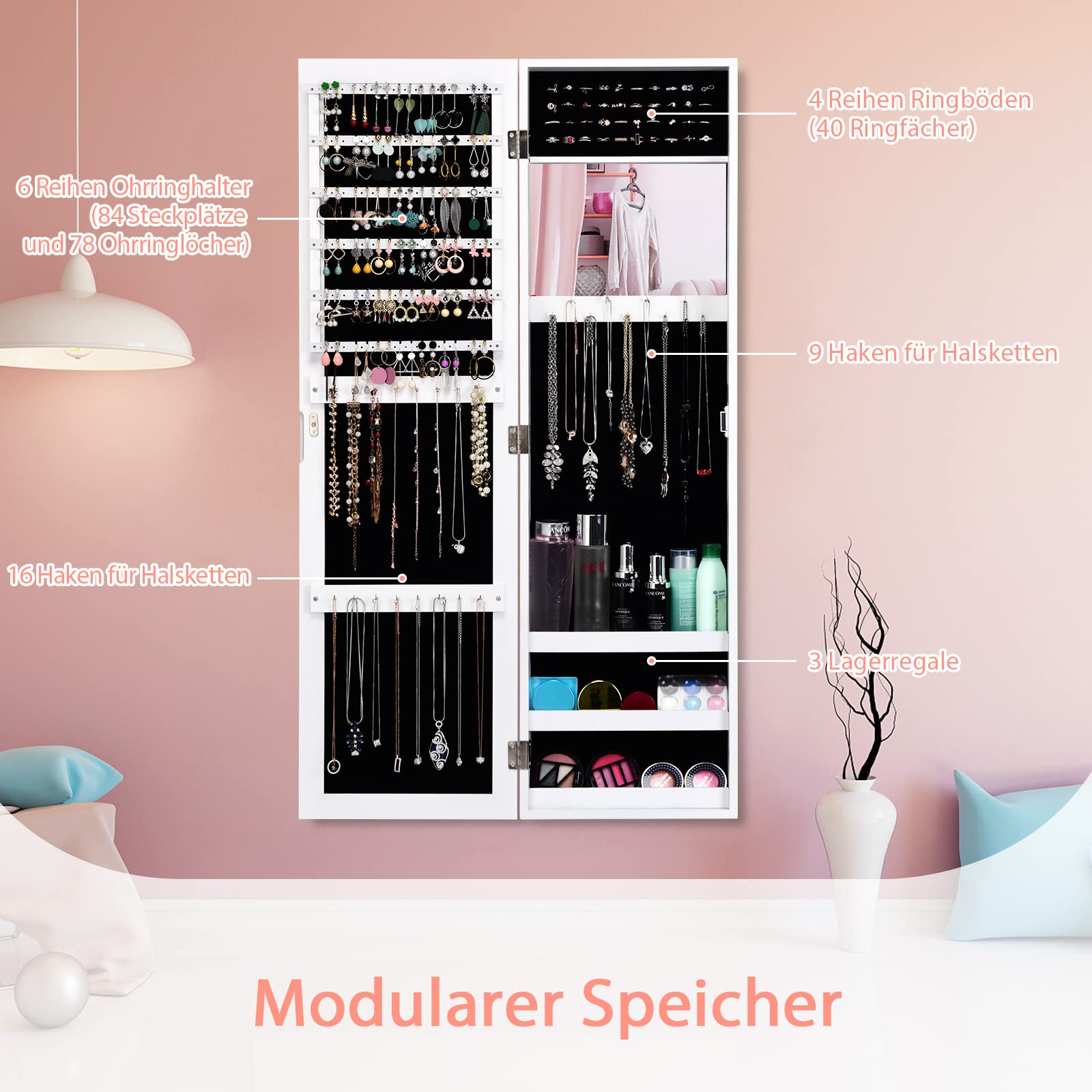RELAX4LIFE Schmuckschrank 2 Spiegel, Spiegelschrank mit Schloss, Schmuckregal Tür- & Wandmontage, Schmuckorganizer für Ohrringe & Armband & Kette & Ringe & Kosmetik (Weiß)