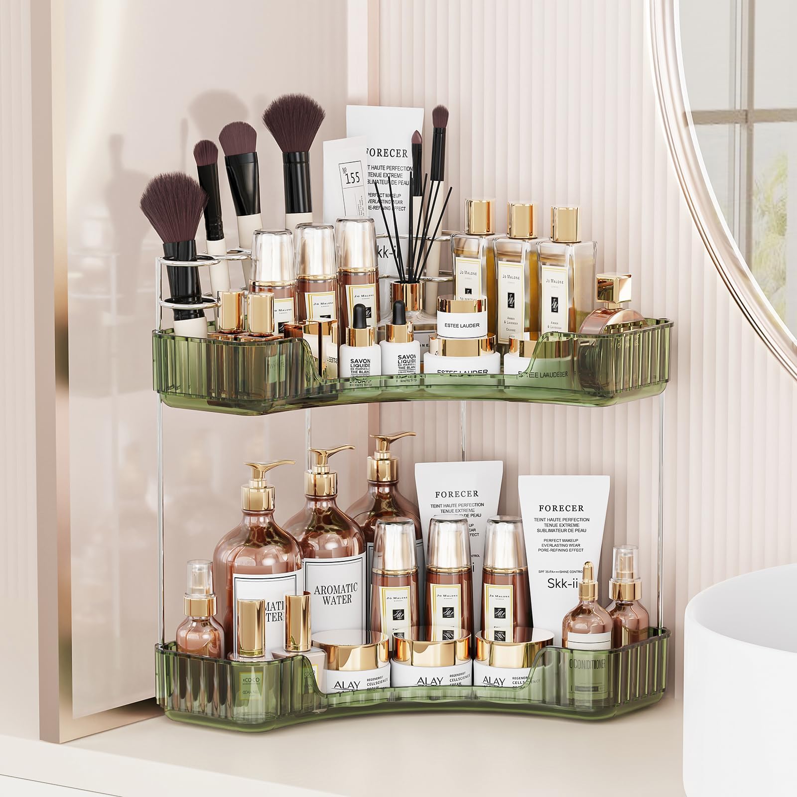 2-Tier Corner Bathroom Counter Organizer with Top Toothbrush Holders,Large Makeup Organizer Countertop with Brush Holder,Skincare Organizers Corner,Exquisite Vanity Organizer(Green, 2 Tier)