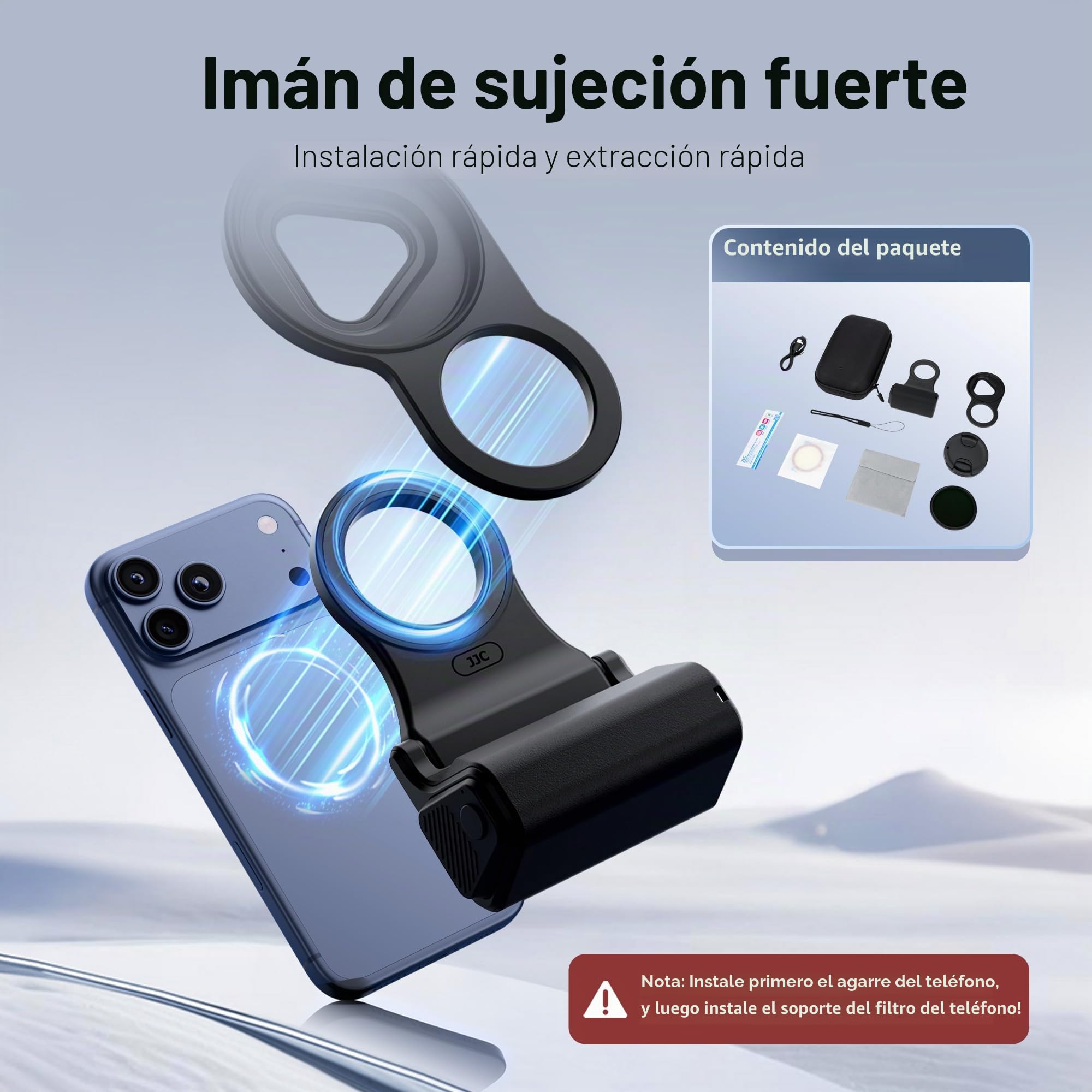 JJC Filtro ND Variable para teléfono ND2-128 (7 Paradas), Adaptador de Filtro magnético, Handgirp, Kit 3 en 1 para iPhone 17 Pro Max/16 Pro Max/15 Pro Max/14 Pro MAX, filtros de Densidad Neutra con
