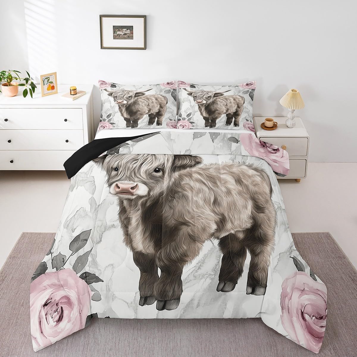 Erosebridal Highland Cow Floral Duvet Set Bull Cattle Bedding Set Full Size Western Funny Animal Comforter Set Brown Wildlife Farmhouse Cow Quilt Set Rose Cherry Blossoms Grey Marble Quilt Set
