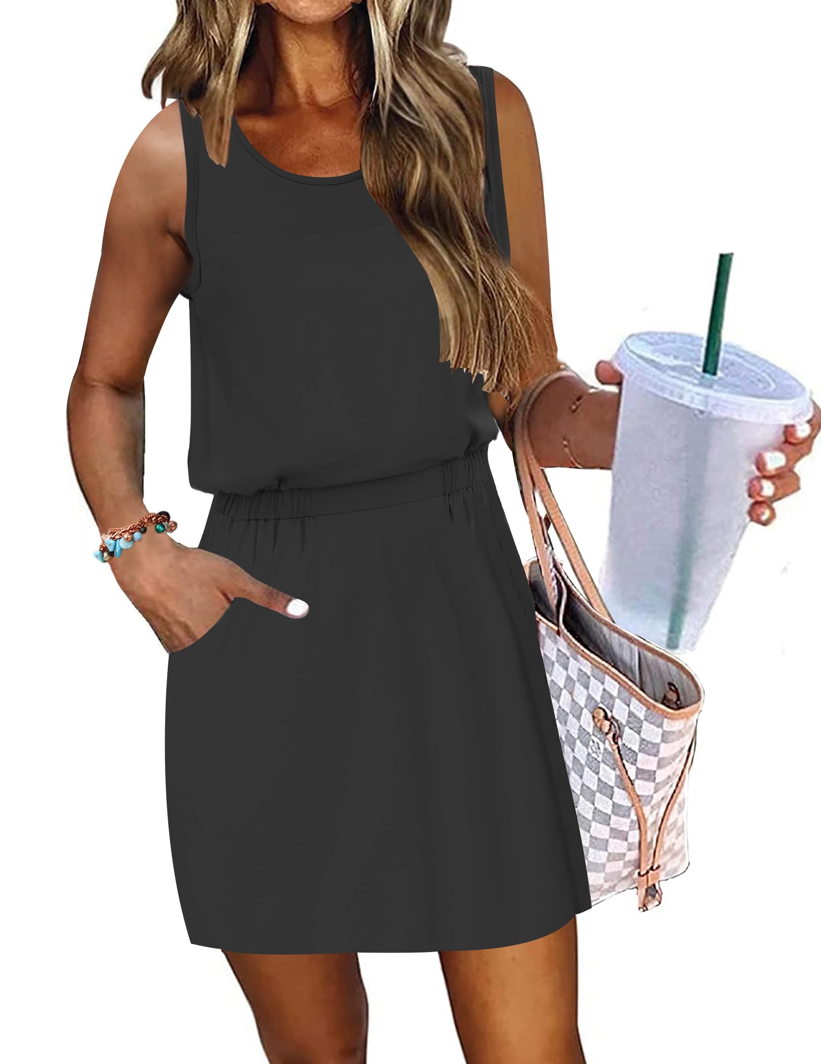 AUSELILY Women Summer Dress 2025 Casual Sleeveless Sundress Crew Neck Beach Short Dresses with Pockets