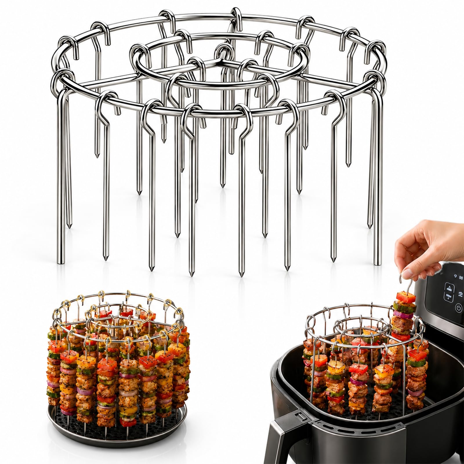 Stainless Steel Airfryer Skewer Rack Air Fryer Vertical Grill - Air Fryer Rotisserie Rack 360° Even Cooking, Round Hanging Design Universal Detachable for Oven Smoker (24 Skewers)