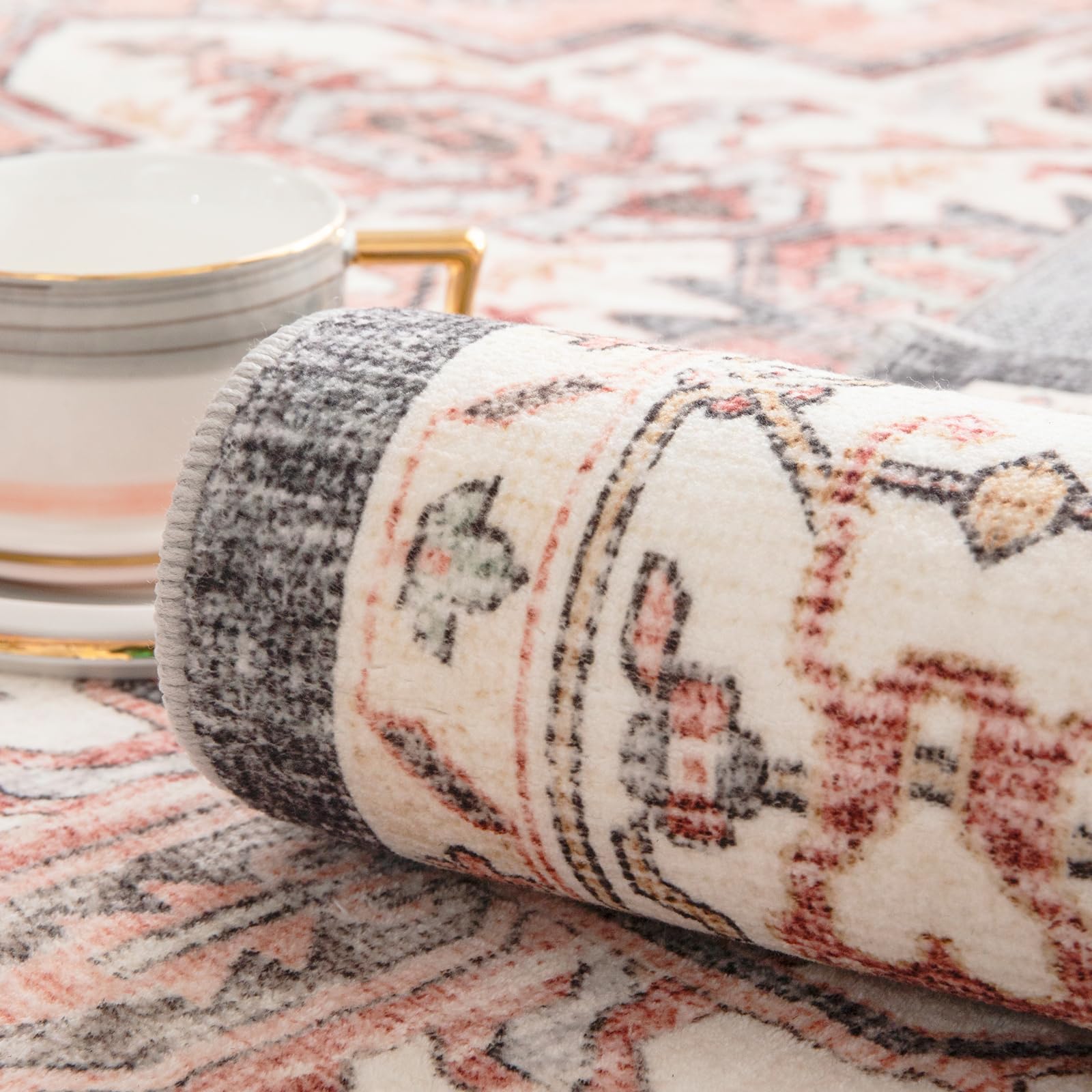 Carvapet Läufer Teppich 60x300cm rutschfest Lang Teppichläufer Waschbar Mikrofaser Vintage Medaillon Rosa Teppich Flächenteppich Laufteppich