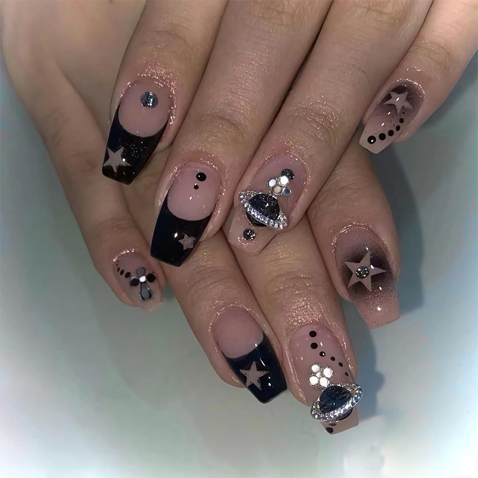 BABALAL Coffin Press on Nails Medium Fake Nails Black Glue on Nails French Ballerina Acrylic Nails with Star Design Goth Stick on Nails for Women and