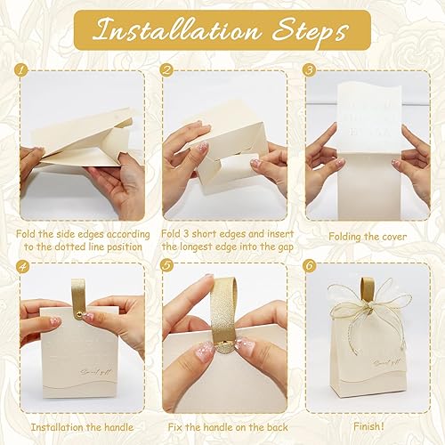 Miniatura 5 de GLGHMH 50 cajas de recuerdo de boda, cajas de dulces de boda grandes beige con cinta, cajas de regalo de fiesta de cumpleaños para decoración de