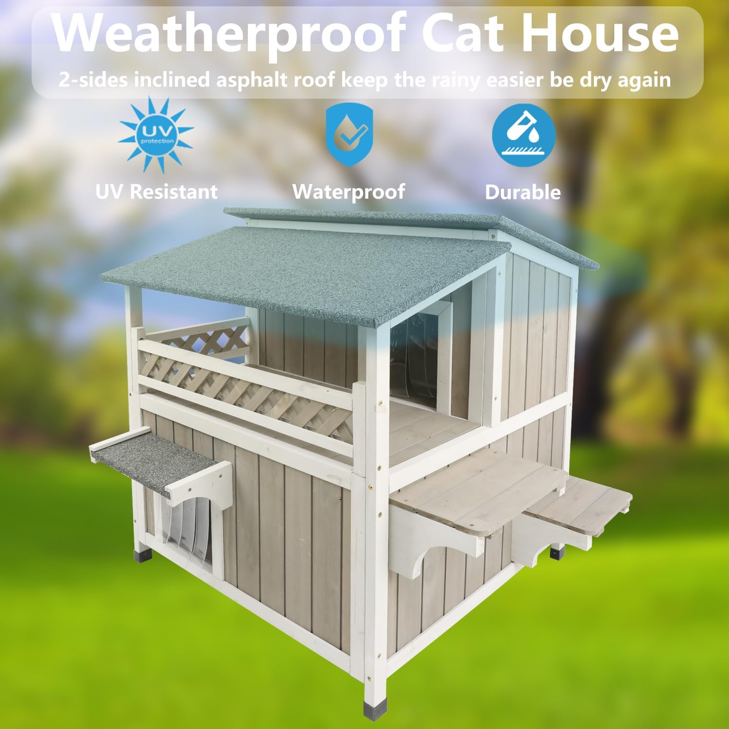 Image highlighting the weatherproof features of the cat house, including UV resistance, waterproof design, and durability.