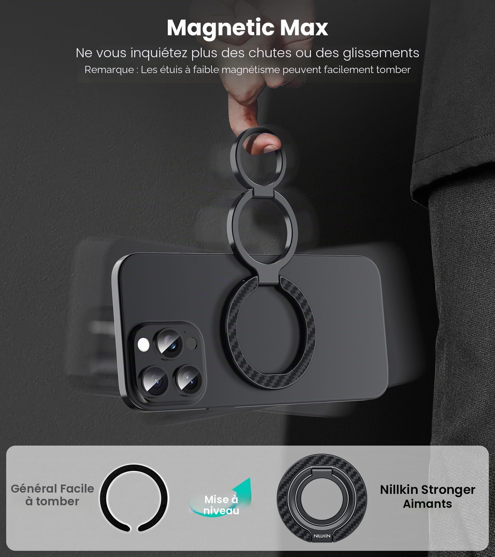 Nillkin Support Anneau Smartphone en Fibre d’Aramide – Magnétique Double Face & MagSafe, Rotation 360° avec Double Axe, Support & Grip pour iPhone/Samsung/Pixel, Accessoires MagSafe – Noir