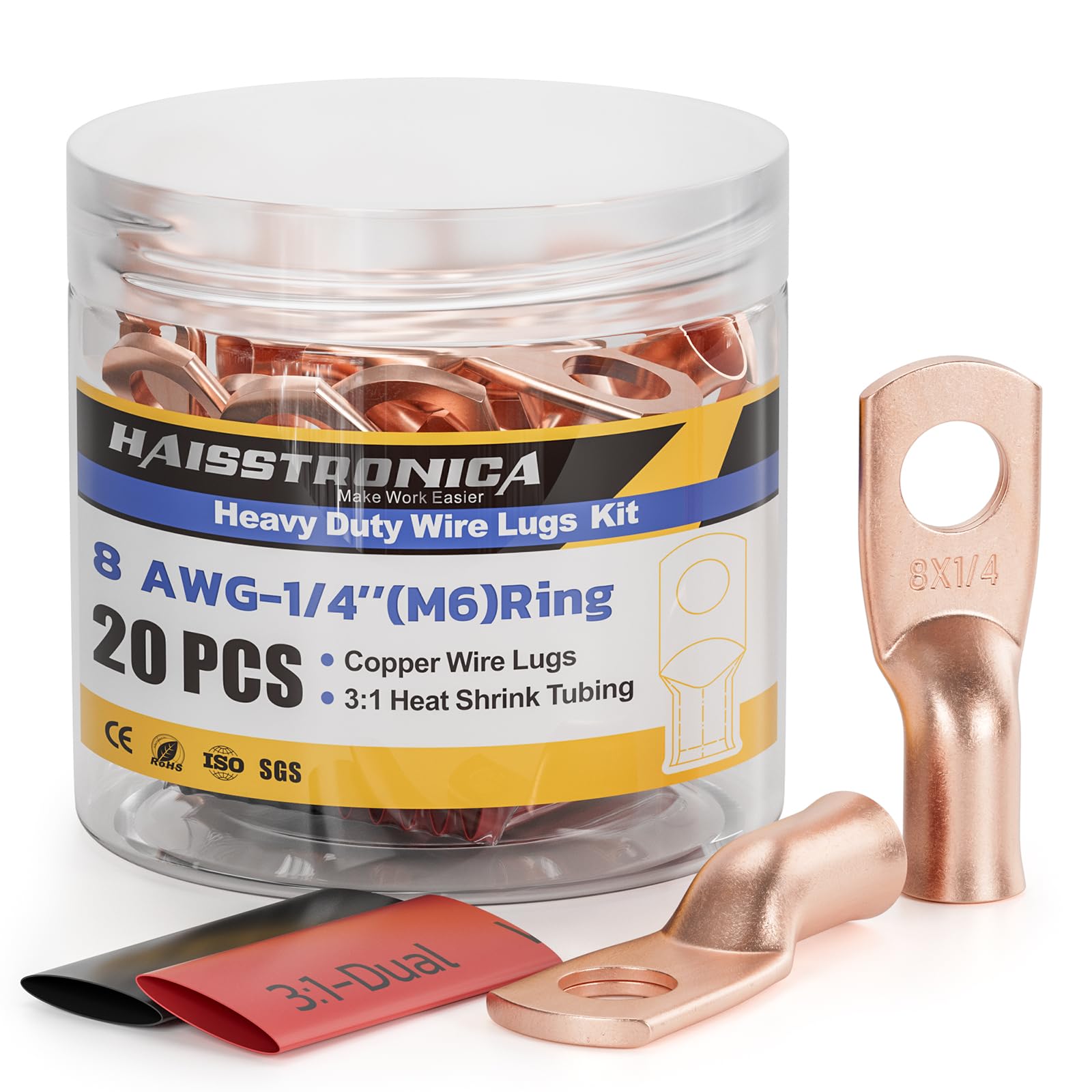 haisstronica 10pcs 8 AWG - 1/4" (M6) Battery Cable Lugs, Heavy Duty Copper Wire Lugs with 10pcs 3:1 Adhesive Heat Shrink Tubing, 8 Gauge Wire